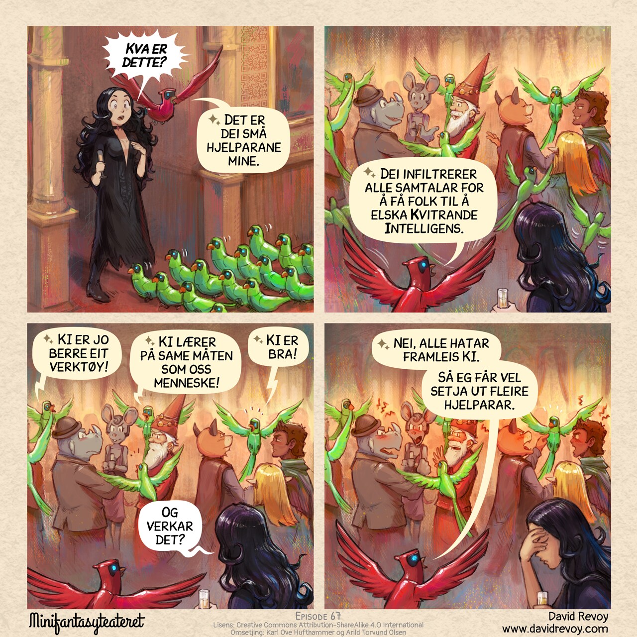 A comic in four panels:

Panel 1. Cepper, the gothic witch, is stunned to see a small army of Avian Intelligence (AI) parrots walking down the red carpet toward the university's reception room. Behind her, her own AI parrot flies overhead.  
Cepper: "What are these?"  
Parrot: "These are my minions."

Panel 2. The minions scatter throughout the celebration, attempting to join various group discussions.  
Parrot: "They're deployed in all discussions to make people love Avian Intelligence."

Panel 3. A similar shot to the previous panel, but now people are growing angry at the minion parrots who interrupted their discussions. Cepper and her AI parrot simply observe the scene.  
AI Parrot minion (1): "AI is just a tool!"  
AI Parrot minion (2): "AI learns like humans do!"  
AI Parrot minion (3): "AI is good!"  
Cepper: "...Is it working?"  

Panel 4. In a similar shot, the crowd is now furious, screaming at the minions. The Parrot remains optimistic while Cepper is facepalming.  
Parrot: "No, people still hate AI. I guess I'll just deploy more minions."  

