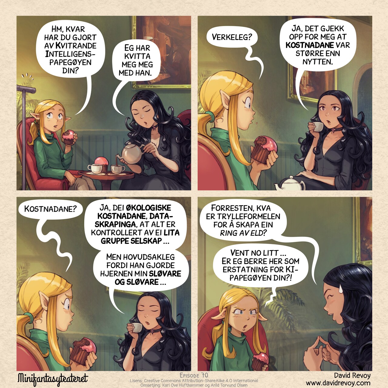 A comic in four panels:

Panel 1. Amall, the small elf scholar takes tea with Cepper, the gothic sorceress. Amall looks at the empty perch while eating a mufin with a pink frost on it. Cepper serve the tea to her guest.  
Amall: "Wait, where's your Avian Intelligence parrot?"  
Cepper: "I got rid of it."  

Panel 2. Amall is now curious, while Cepper explains herself, a cup of tea in her hand.  
Amall: "Really?"  
Cepper: "Yeah, I realized the benefits weren't worth the costs."  

Panel 3. Amall is confused, and Cepper continues her speech, confident.  
Amall: "The... costs?"  
Cepper: "The ecological costs. The data scraping. How it's all controlled by a handful of corporations..."  
Cepper: "But mostly how it made my brain lazier and lazier..."  

Panel 4. Cepper now asks Amall a question with a pleading pose. Amall realizes her friend invited her with an ulterior motive and responds with a blasé attitude, her pointy hears turning down.  
Cepper: By the way, how do I cast a Ring of Fire spell?  
Amall: Wait... Have you invited me here just to replace your AI parrot?  

