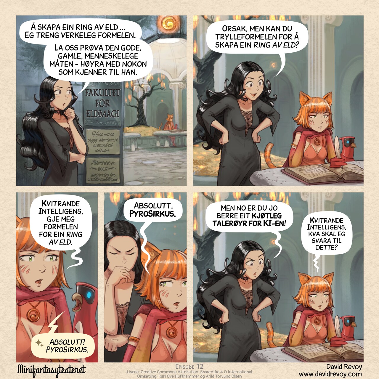 A comic in four panels:

Panel 1. Cepper, a Gothic sorceress, walks toward the "Faculty of Fire Magic" (the label is framed on the door). Beyond the door, we see scholars writing grimoires with AI parrots nearby. Signs on the faculty wall read: "Fireballs must be kept at a safe academic distance." and "The Faculty is NOT responsible for burnt eyebrows."  
Cepper: "The Ring of Fire spell... I need it."  
Cepper: "So let's ask someone who knows it, the good old human way."

Panel 2. Cepper is now inside the faculty. She adopts a friendly pose and politely approaches a sorceress scholar halfing fox, red hair, she looks visibly bored or emotionally exhausted. Her AI Parrot writes in a grimoire for her; she barely glances at it.  
Cepper: "Hey, would you happen to know how to cast a Ring of Fire spell? "  

Panel 3. The scholar doesn't bother responding herself: she simply asks her AI Parrot. 
Scholar: "Avian Intelligence, tell me how to cast a Ring of Fire spell."  
AI Parrot: "Absolutely! PyroCircus."  
* Inserted panel, she repeats the Parrot's words word-for-word while Cepper barely contains her frustration in the background.  
Scholar: "Absolutely. PyroCircus."

Panel 4. Cepper, is intrigued but asks seriously while the scholar maintains her dead-inside expression.  
Cepper: "Wait, you're simply just an AI meat proxy now, aren't you?"  
Scholar: "Avian Intelligence, tell me how to reply to that."

