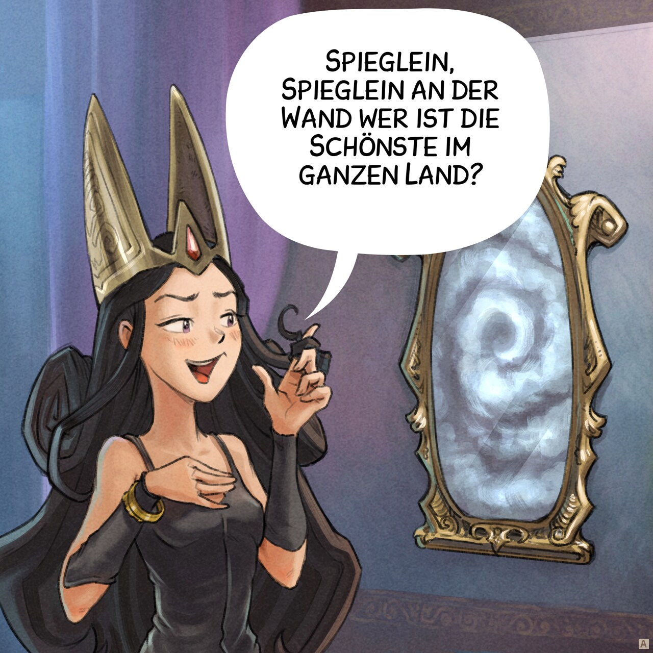 Bild 1. Eine junge dunkle Königin fragt den Spiegel an der Wand  
Dunkle Königin: Spieglein, Spieglein an der Wand wer ist die Schönste im ganzen Land?