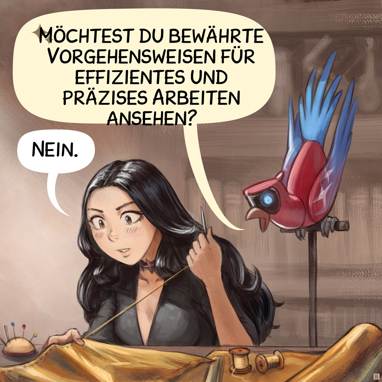 Bild 2. Beim Hineinzoomen setzt der KI-Papagei seine Vorschläge fort, während die gotische Zauberin immer noch mit Aufmerksamkeit näht..  
KI Papagei: "Möchtest du bewährte Vorgehensweisen für effizientes und präzises Arbeiten ansehen?"
Gotische Zauberin: "Nein."