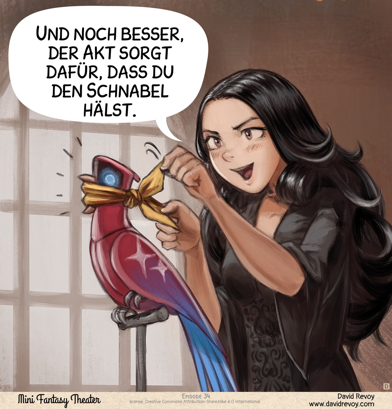 Bild 4. . Die gotische Zauberin steht hinter dem KI-Papagei, der nun eine Maulschlaufe aus dem quadratischen Stoffstück trägt. Der KI-Papagei wirkt überrascht, kann aber nicht sprechen. Die gotische Zauberin scheint stolz auf ihr Handwerk..  
Gotische Zauberin: "Und noch besser, der Akt sorgt dafür, dass du den Schnabel hälst.!"