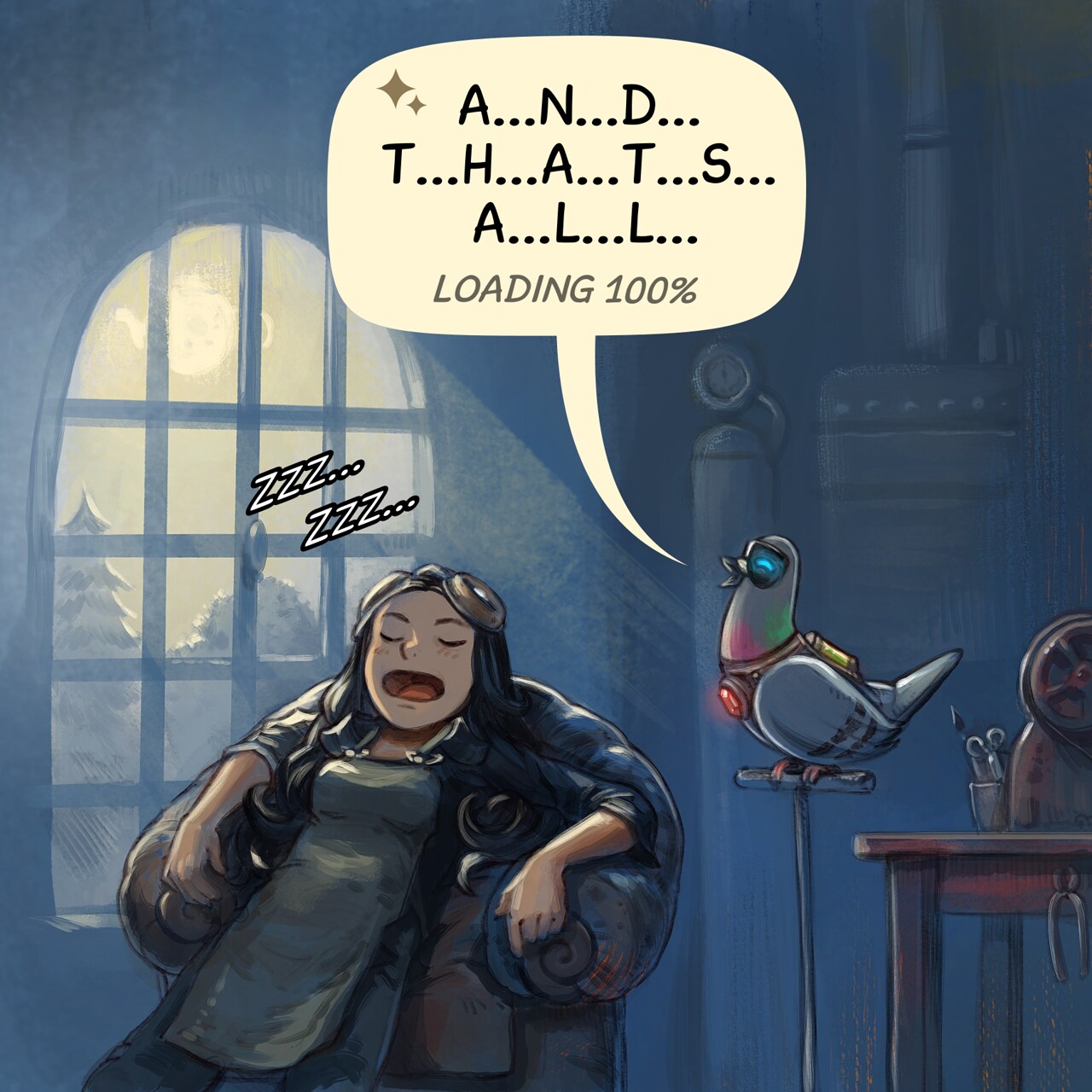 Panel 4. A shot late at night, she sleeps deeply on a big armchair, while the local AI Parrot still finish to output.  
Local AI Parrot: "a...n...d... t...h...a...t...s... a...l...l... loading 100%"