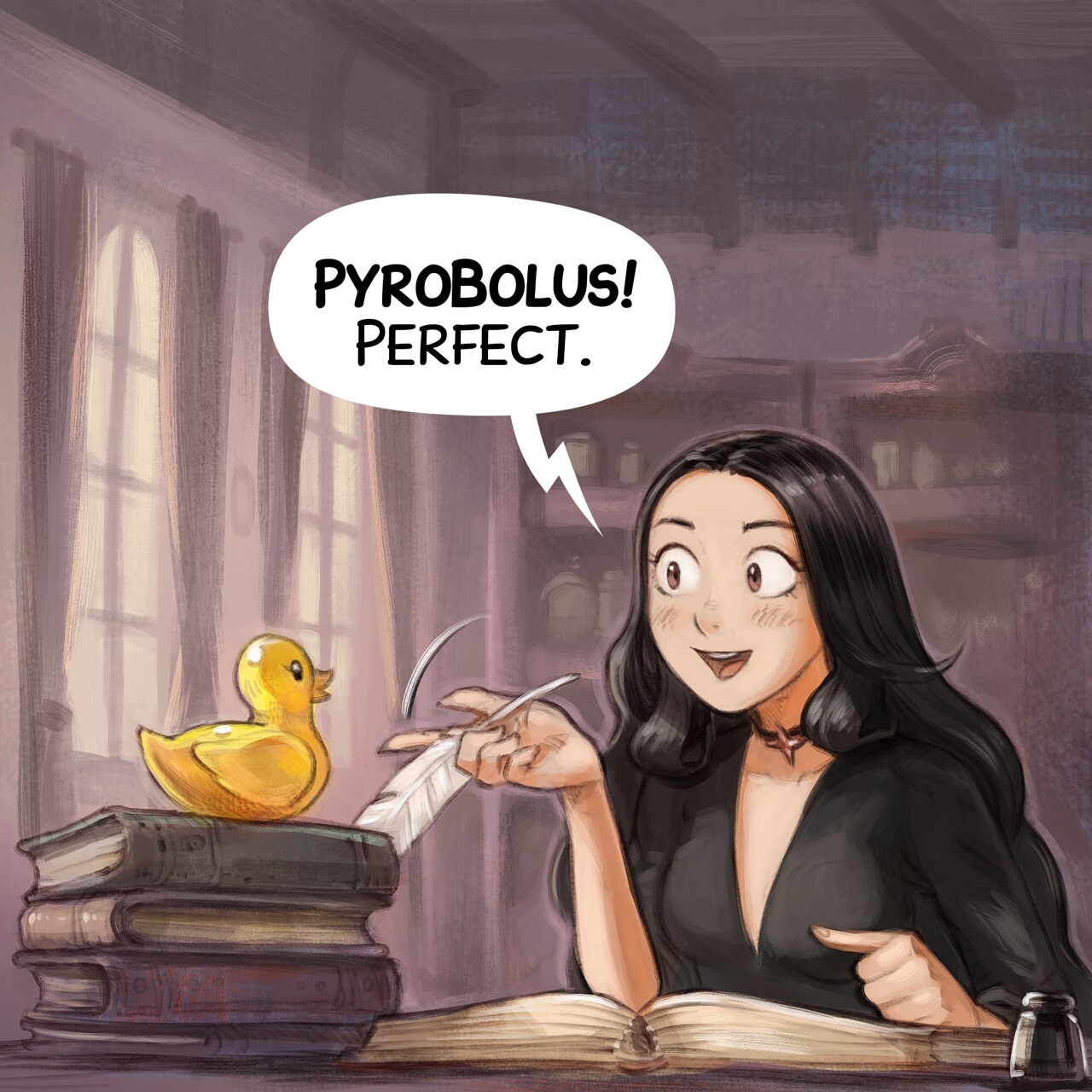 Panel 2. Cepper is now excited, the rubber duck is still silent, staring happily in the void.  
Cepper: "PyroBolus! Perfect."