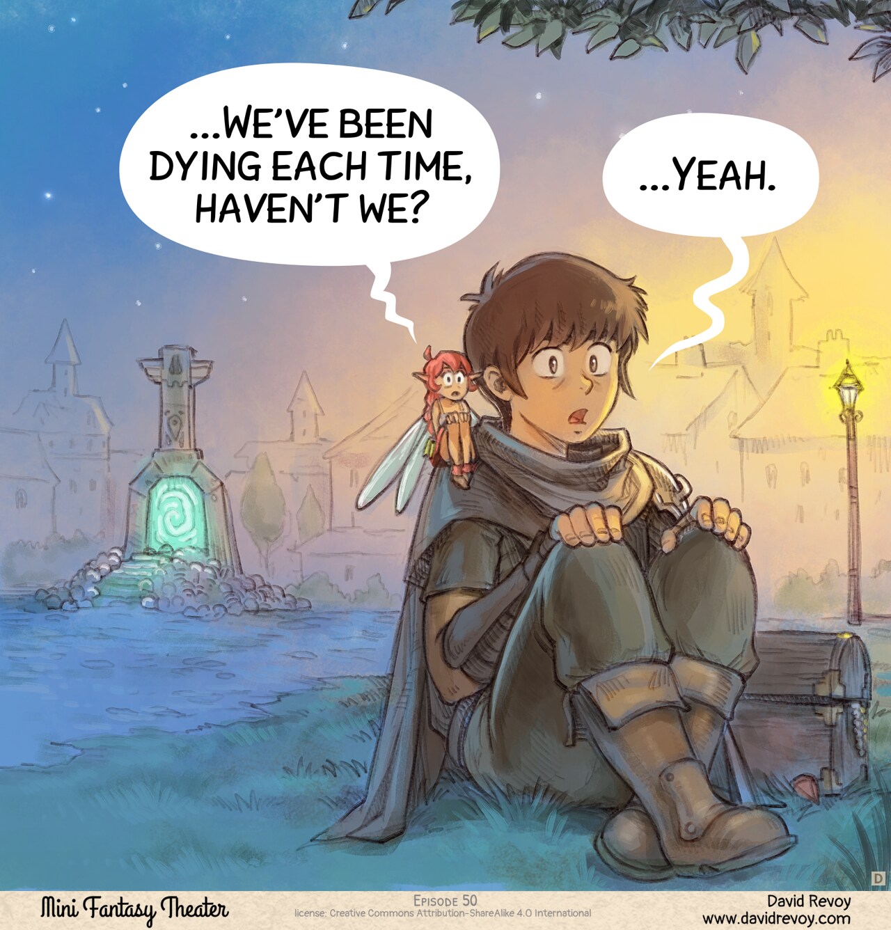 Panel 4. The adventurer and fairy sit frozen in shock and horror, clutching their knees, the Fast Travel Totem visible in the background.  
Pink Fairy: "...We've been dying each time, haven't we?"  
Adventurer: "...Yeah."