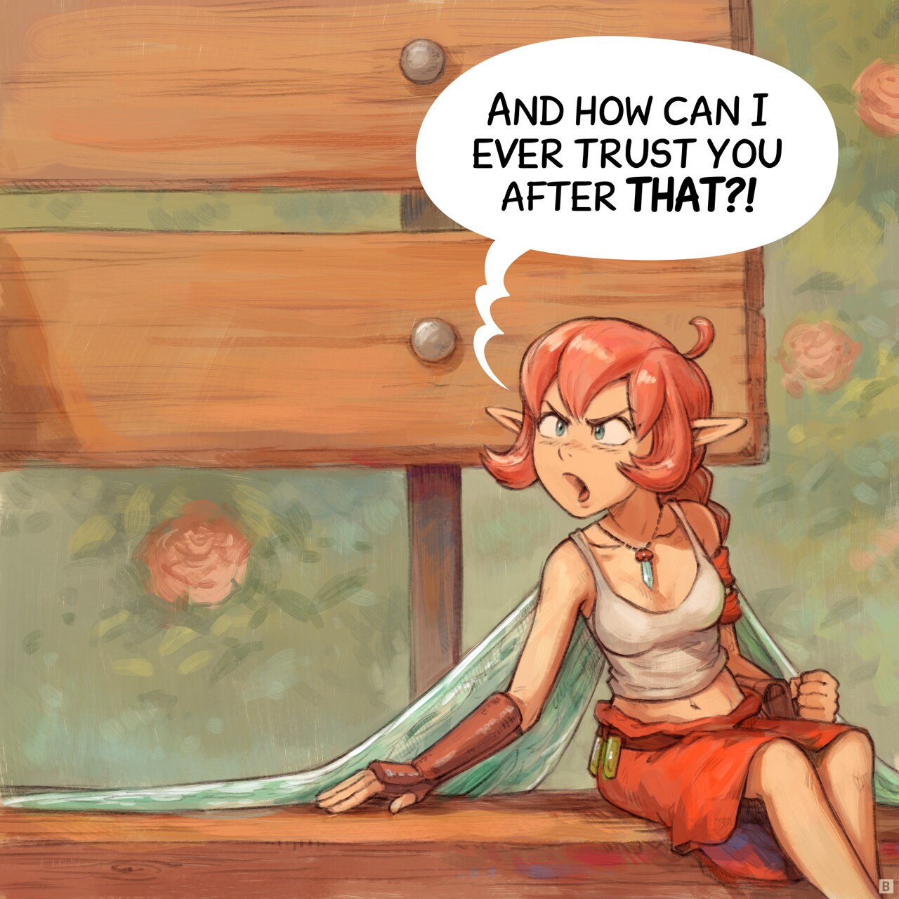 Panel 2. The Pink Fairy turns back, angry:  
Pink fairy: "And how can I ever trust you after THAT?!"