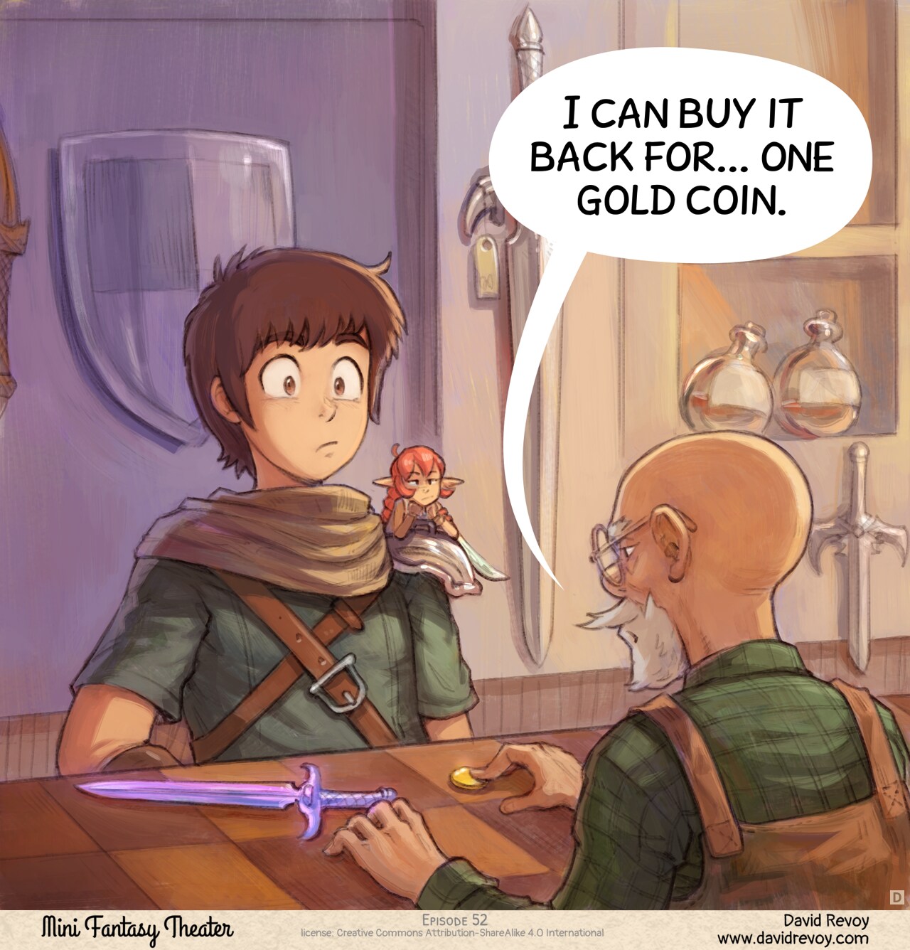 Panel 4. Inside the shop, the adventurer places the purple epic dagger on the counter. The merchant pushes a single coin across toward them. Both the adventurer and pink fairy stare in disbelief.  
Merchant: "I can buy it back for... one gold coin."