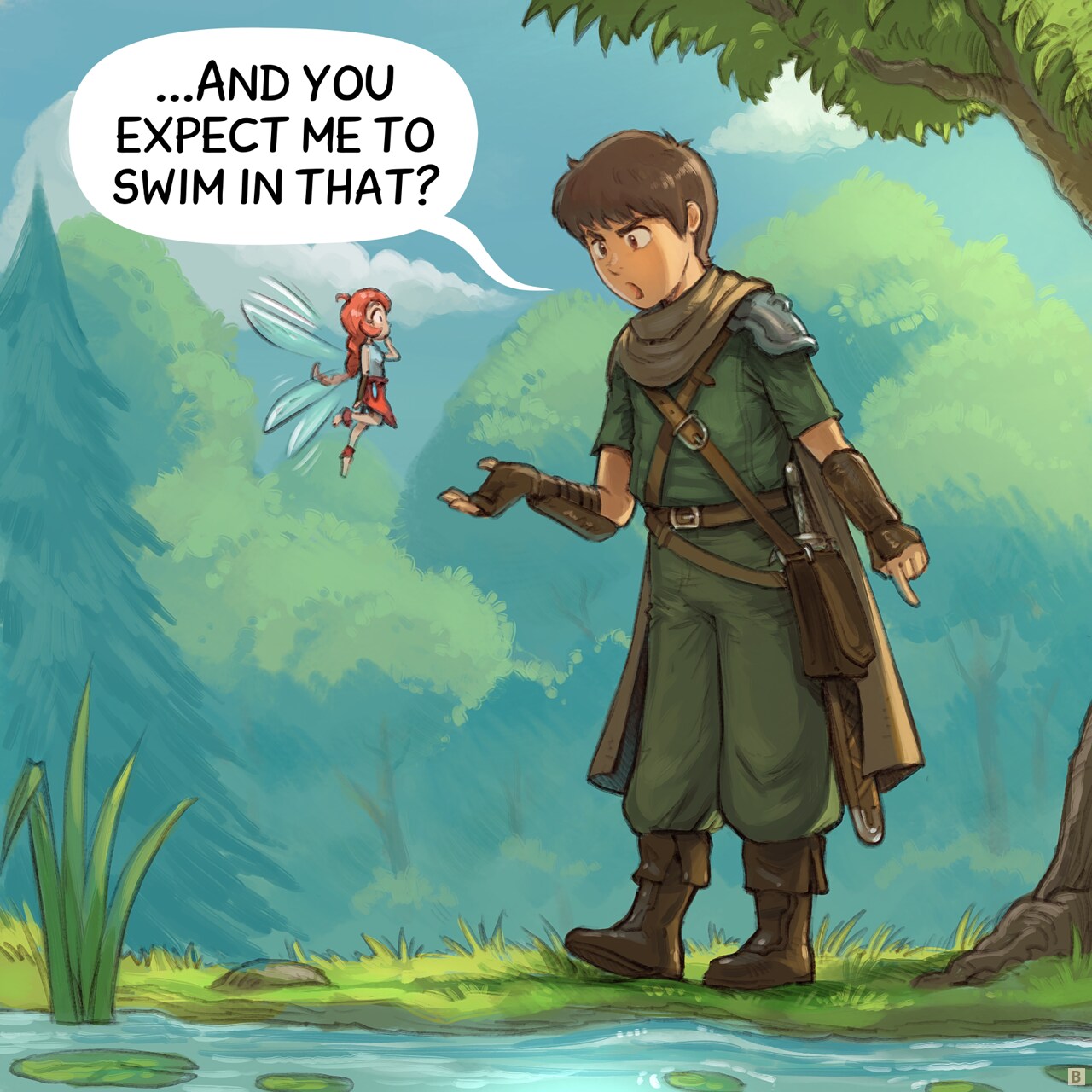 Panel 2. The Adventurer looks skeptical and upset as he points the water's edge.  
Adventurer: "..And you expect me to swim in that?"