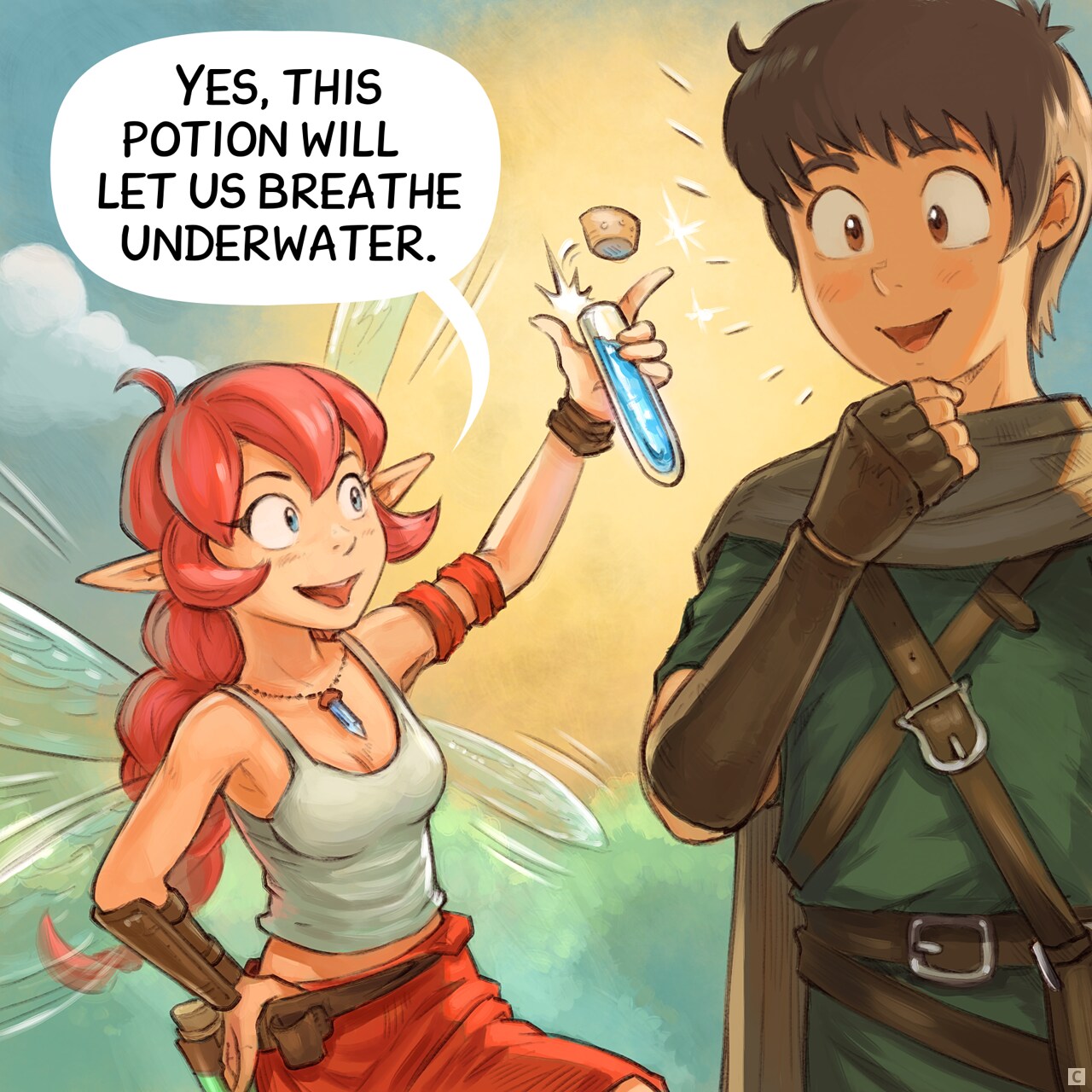 Panel 3. The Pink Fairy happily holds up a small blue potion that she opens with her thumb. The Adventurer is now enthusiast to try it.  
Pink Fairy: "This will potion let us breathe underwater."