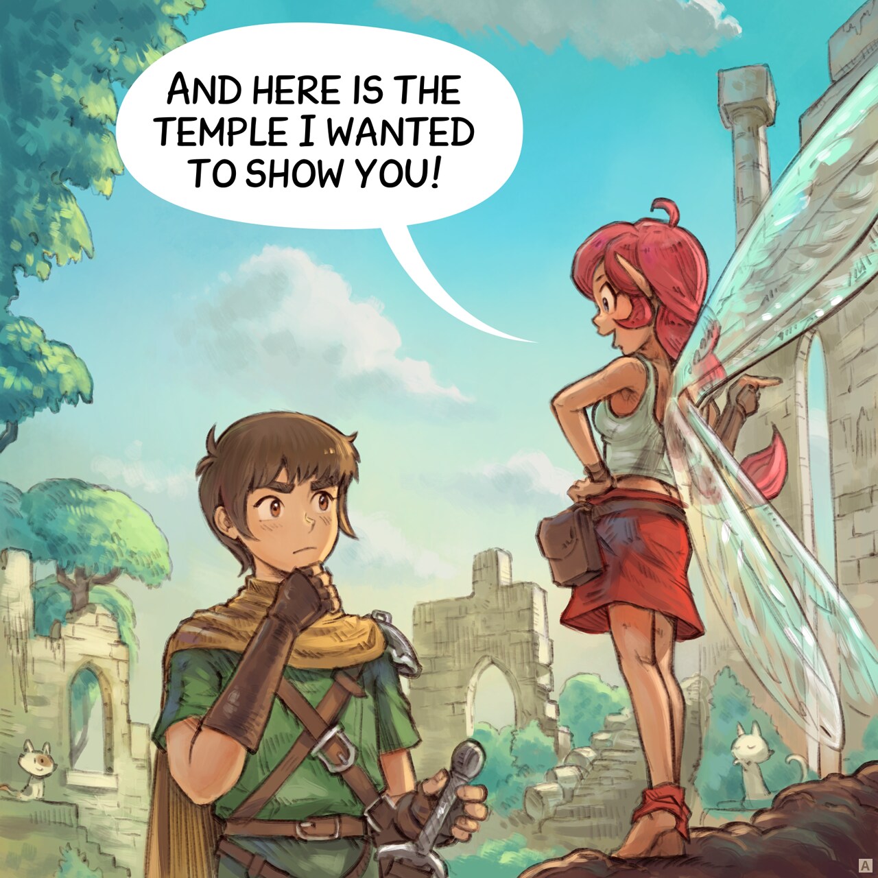 Panel 1. The Adventurer and the Pink-Fairy walk through the overgrown ruins of an ancient temple. Many cats are around. The adventurer is unimpressed.  
Pink-Fairy: "And here is the temple I wanted to show you!"