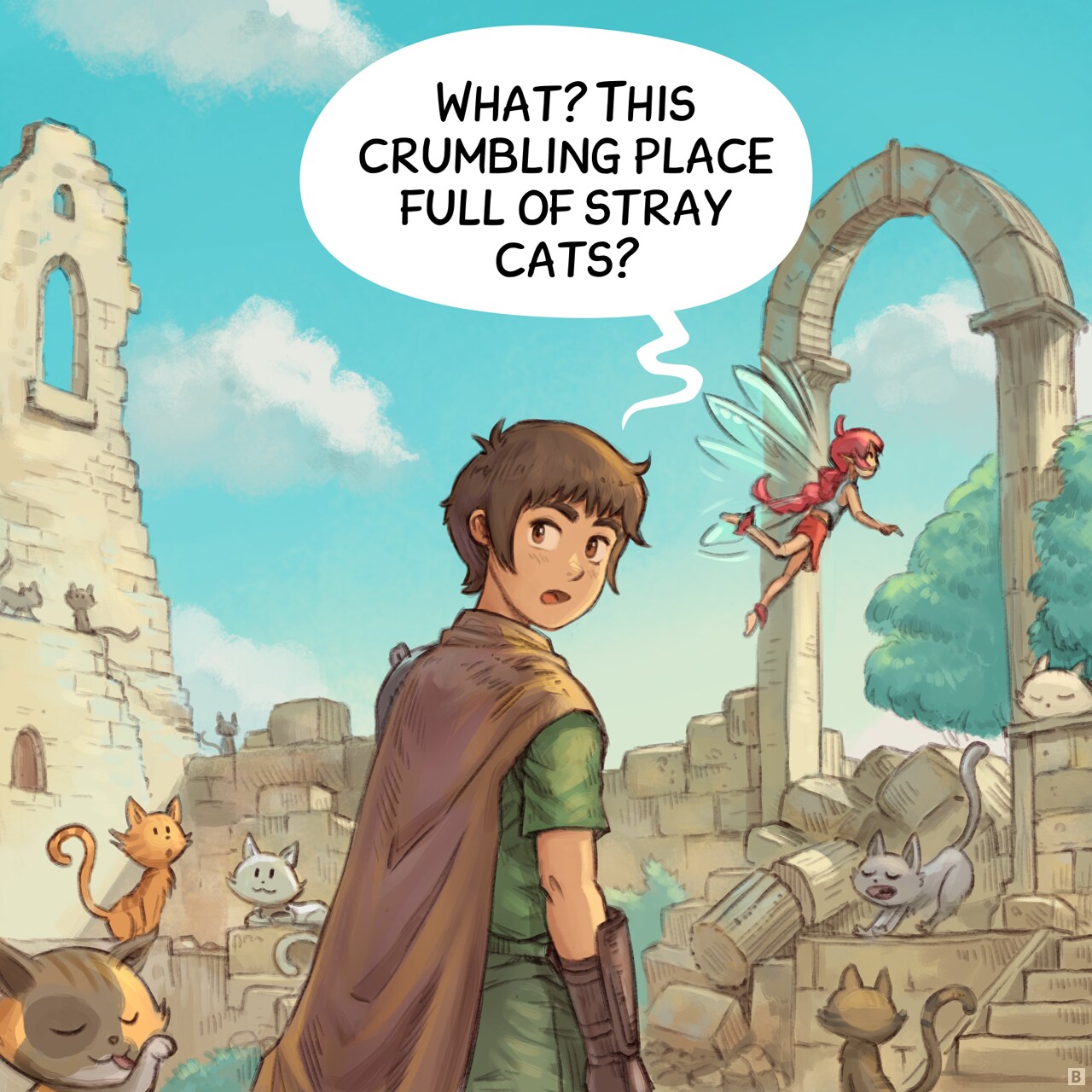 Panel 2. They progress through it: more cats around. The Adventurer really don't understand what's so special about this place while the Pink-Fairy is happy.  
Adventurer: "What? This crumbling place full of stray cats?"