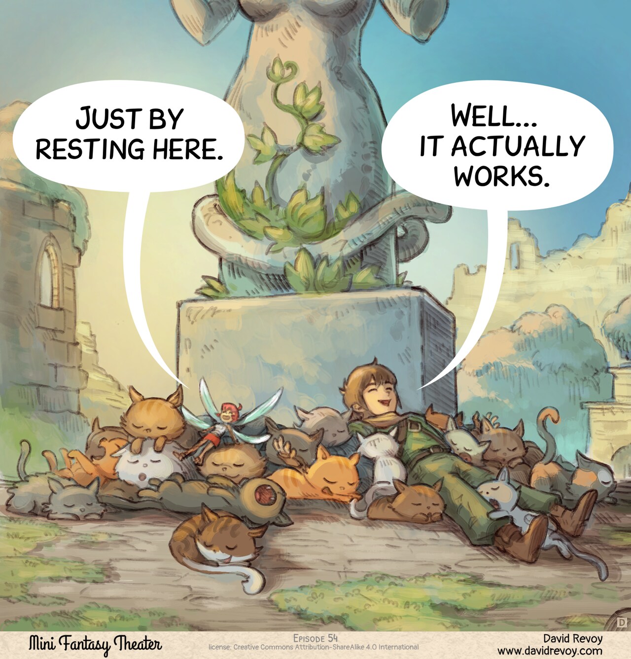 Panel 4. Zoom back. The adventurer and fairy are now lying in the middle of many cats, cuddling and sleeping with big smiles.  
Pink-fairy: "Just by resting here."  
Adventurer: "Well... it actually works."