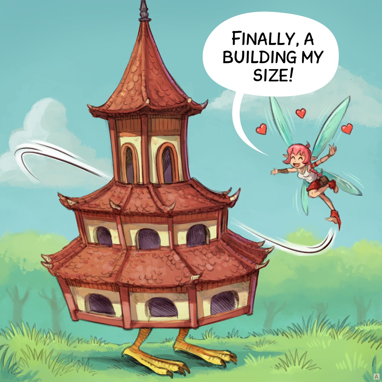 Panel 1. The Pink-Fairy is thrilled and fly with a large smile around the little pagoda on her chicken feet.   
Pink-Fairy: "Finally, a building my size!"