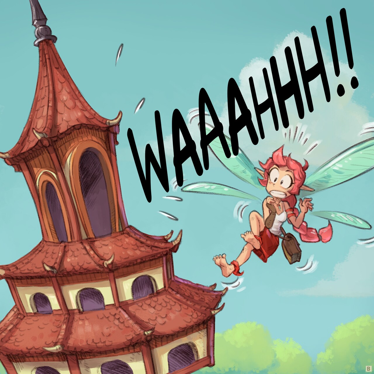 Panel 2. Same shot but closer: the pagoda screams like a baby at full volume. The Pink Fairy wasn't expecting that much noise and fly back in surprise, shocked.  
Baby Pagoda: "WAAAAAAHHHHHHH!!!!"