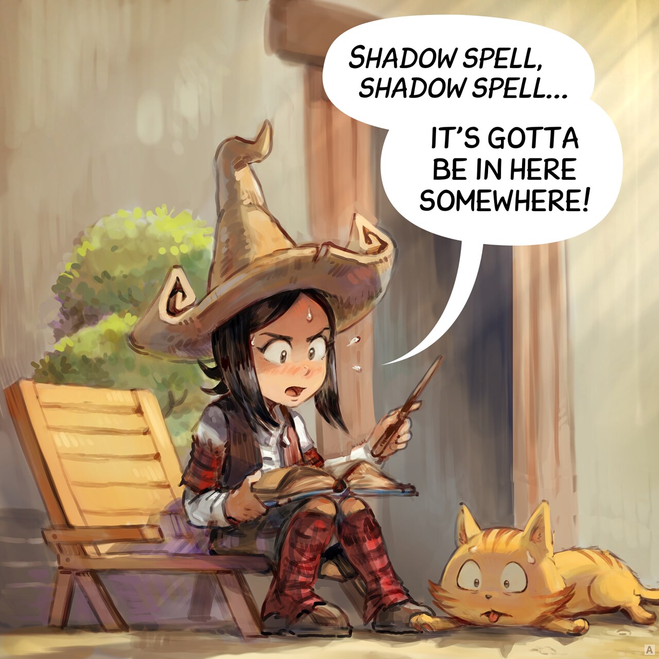 Panel 1. Pepper in hot weather, studying her magic books outside on her little terrace. Carrot is also hot.  
Pepper: "Shadow spell, shadow spell... it's gotta be in here somewhere!"