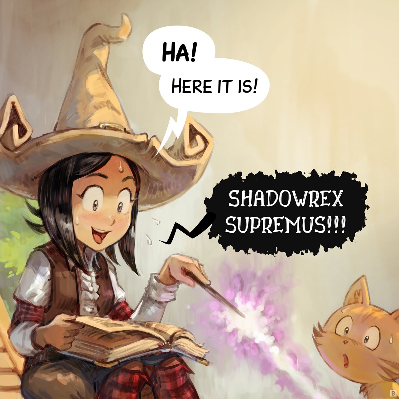 Panel 2. Pepper is pleased: she found it. She is casting the spell.  
Pepper: "Ha! Here it is! Shadowrex Supremus!!!"