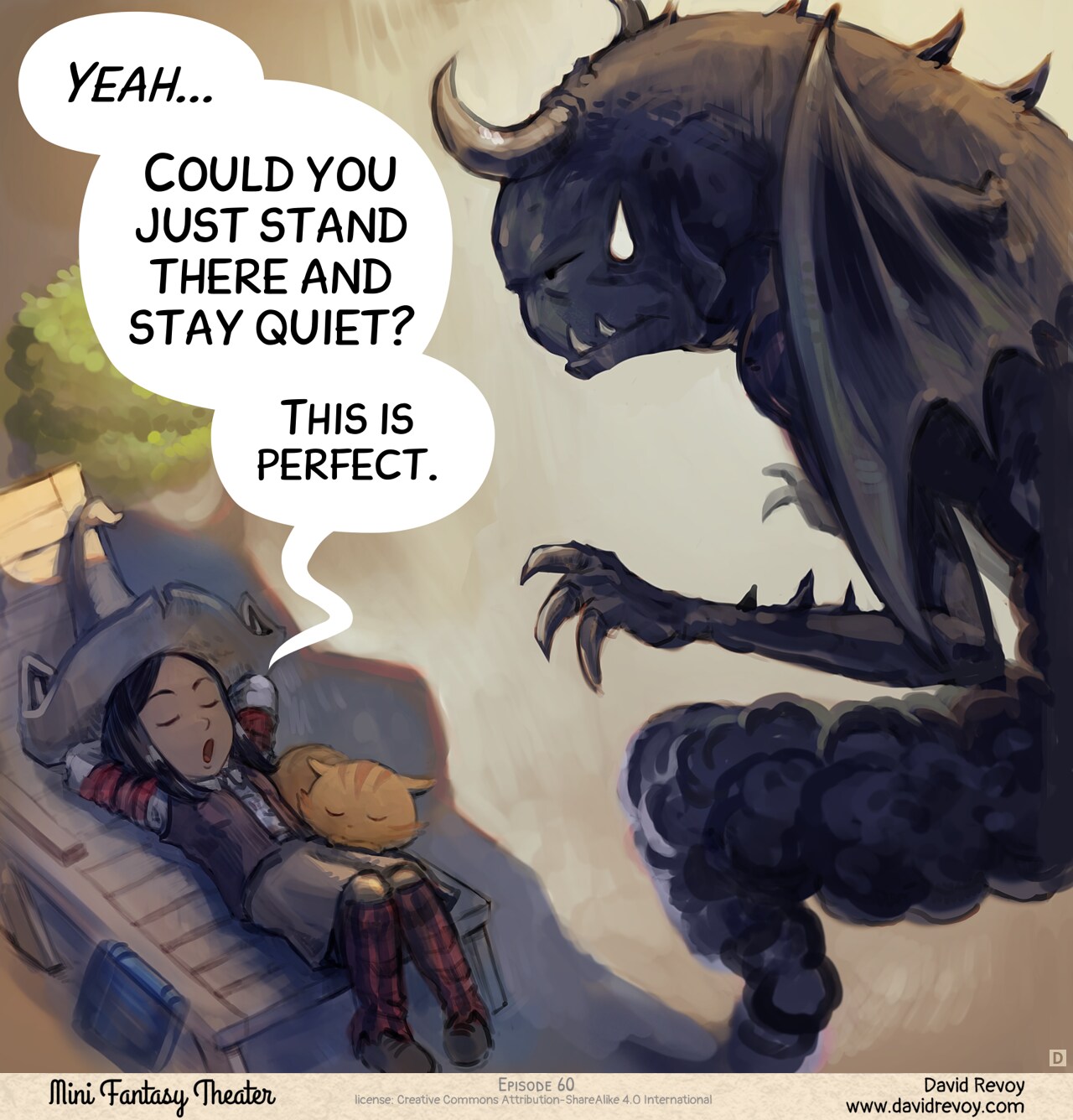 Panel 4. Pepper has her arms crossed behind her head, relaxing in the shadow, and Carrot joins her. Shadowrex Supremus is frustrated at being reduced to this.  
Pepper: "Yeah... Could you just stand there and stay quiet? This is perfect."