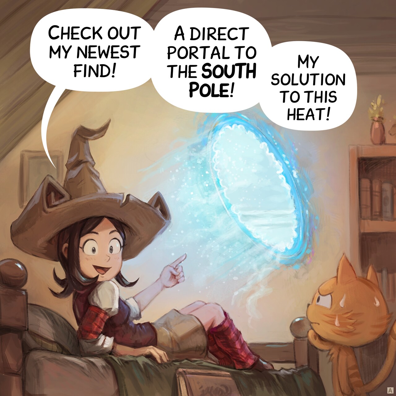 Panel 1. Pepper is lying in bed, looking proud as she shows Carrot her latest invention: a magic portal floating above the bed, blowing cold air.  
Pepper: "Check out my newest find! A direct portal to the South Pole! My solution to this heat!"