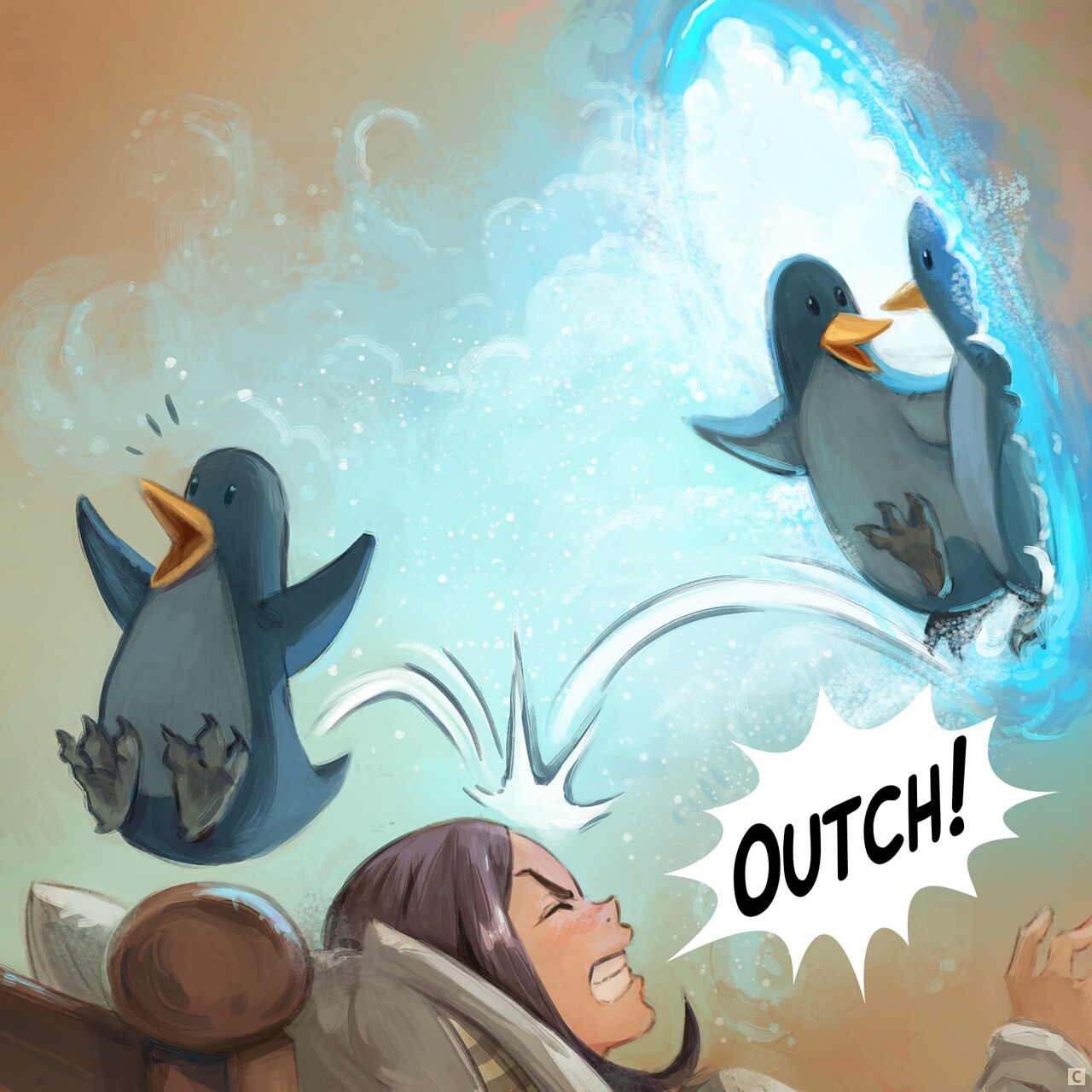 Panel 3. Close up: penguins start pouring out of the portal, bouncing off Pepper's face.  
Pepper: "Ouch!"