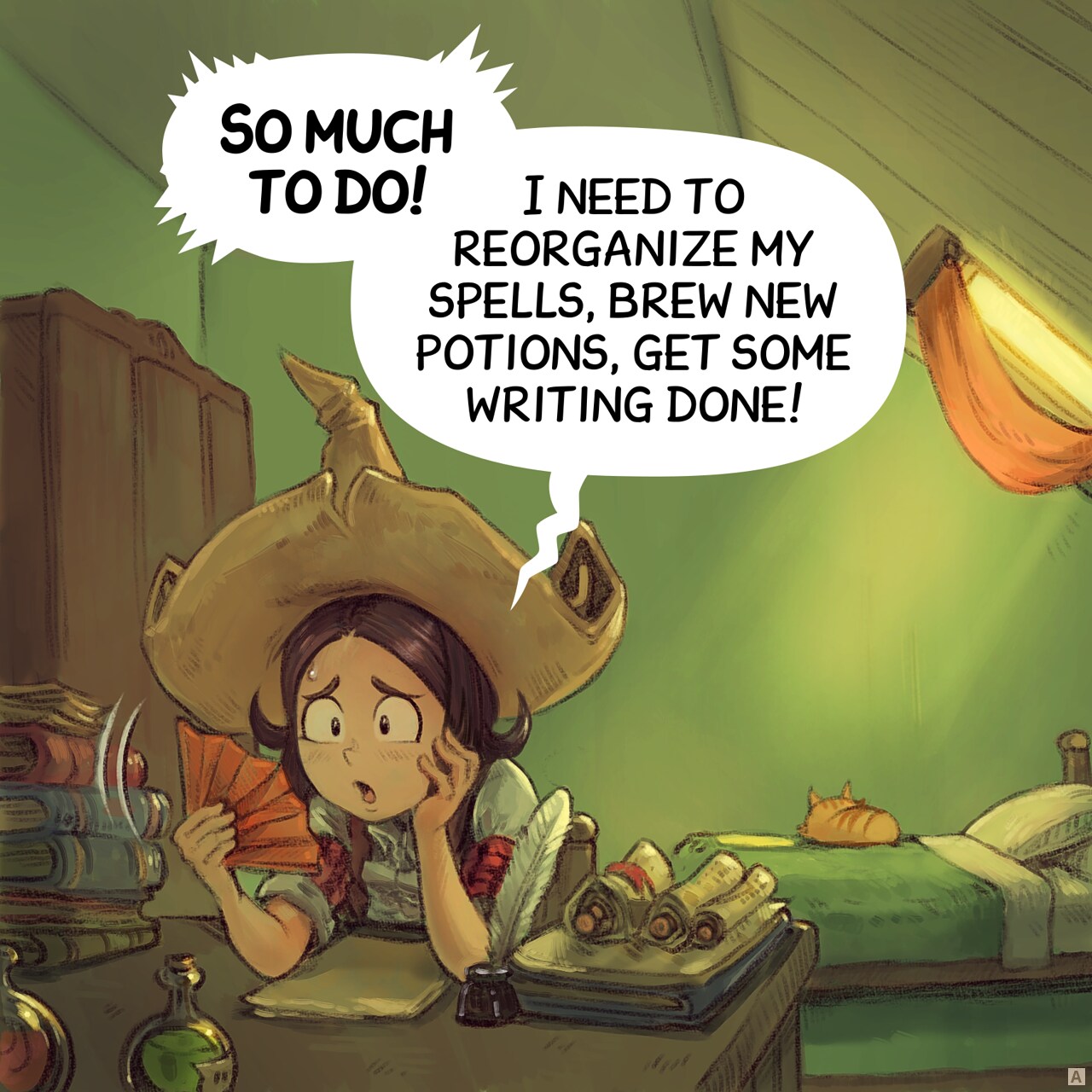 Panel 1. Pepper fans herself: she's flushed and sweating. Her bedroom is hot, with the shutter drawn. Carrot is sleeping on the bed in the background, but she's too busy with items on her desk to notice.  
Pepper: "So much to do! I need to reorganize my spells, brew new potions, get some writing done!"