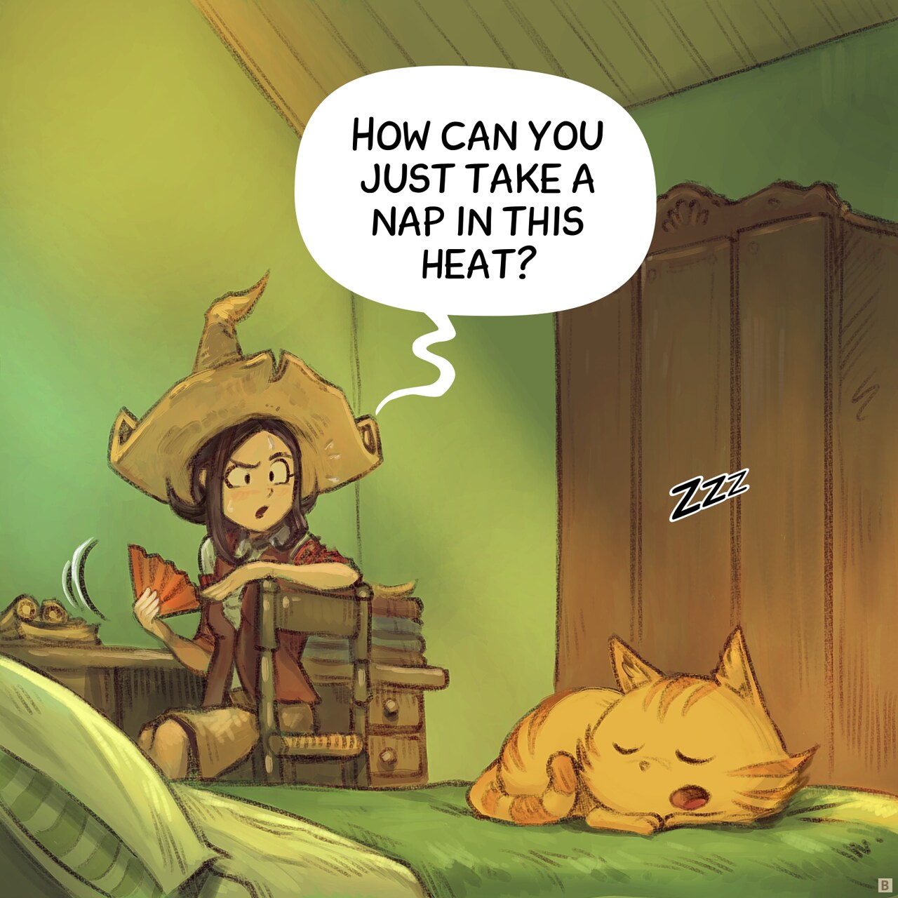 Panel 2. Pepper spins around and spots Carrot napping.  
Carrot: "Zzz"  
Pepper: "How can you just take a nap in this heat?"