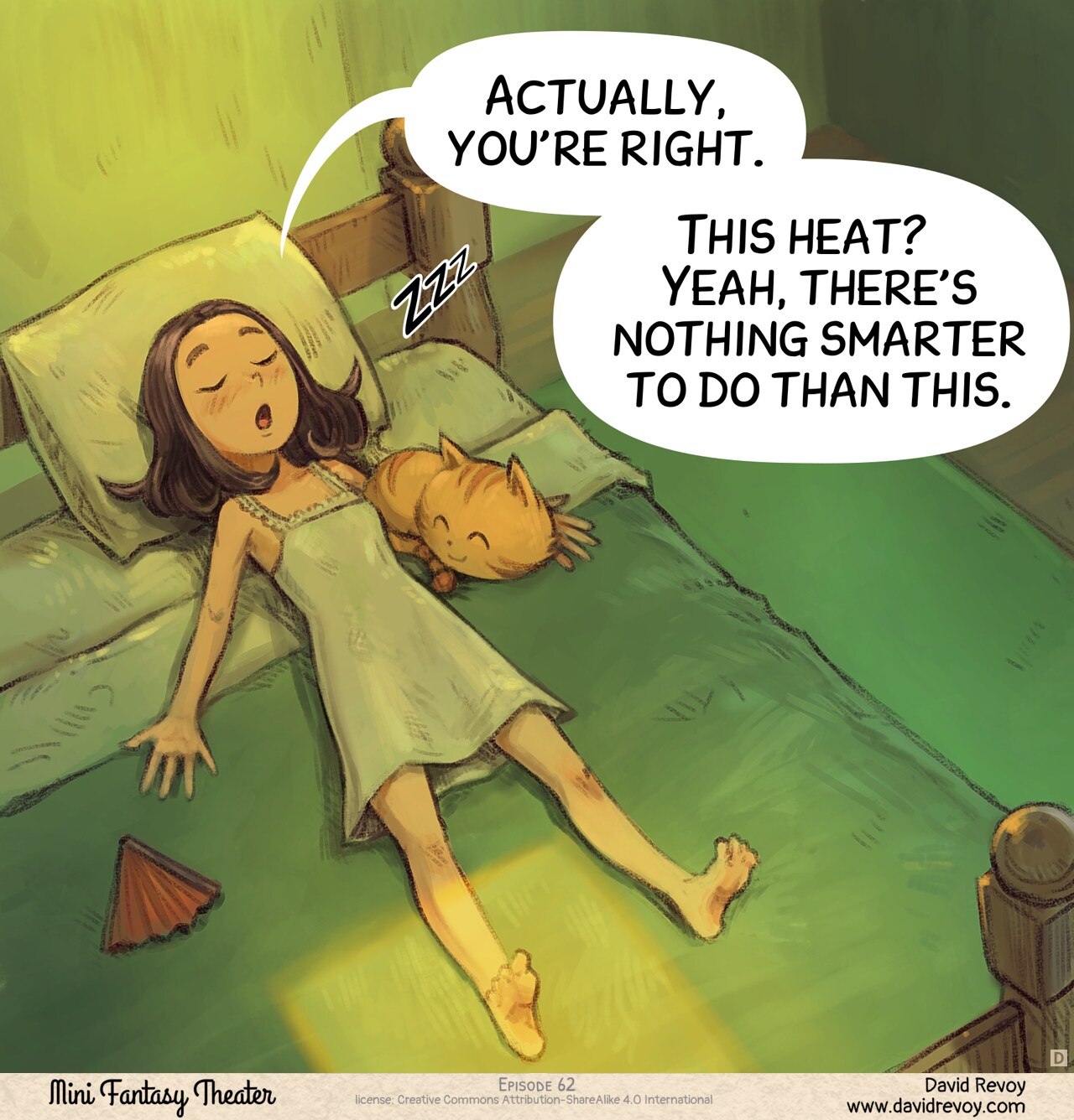 Panel 4. Pepper stretches out next to Carrot, closes her eyes, and finally relaxes.  
Pepper: "Actually, you're right. This heat? Yeah, there's nothing smarter to do than this."