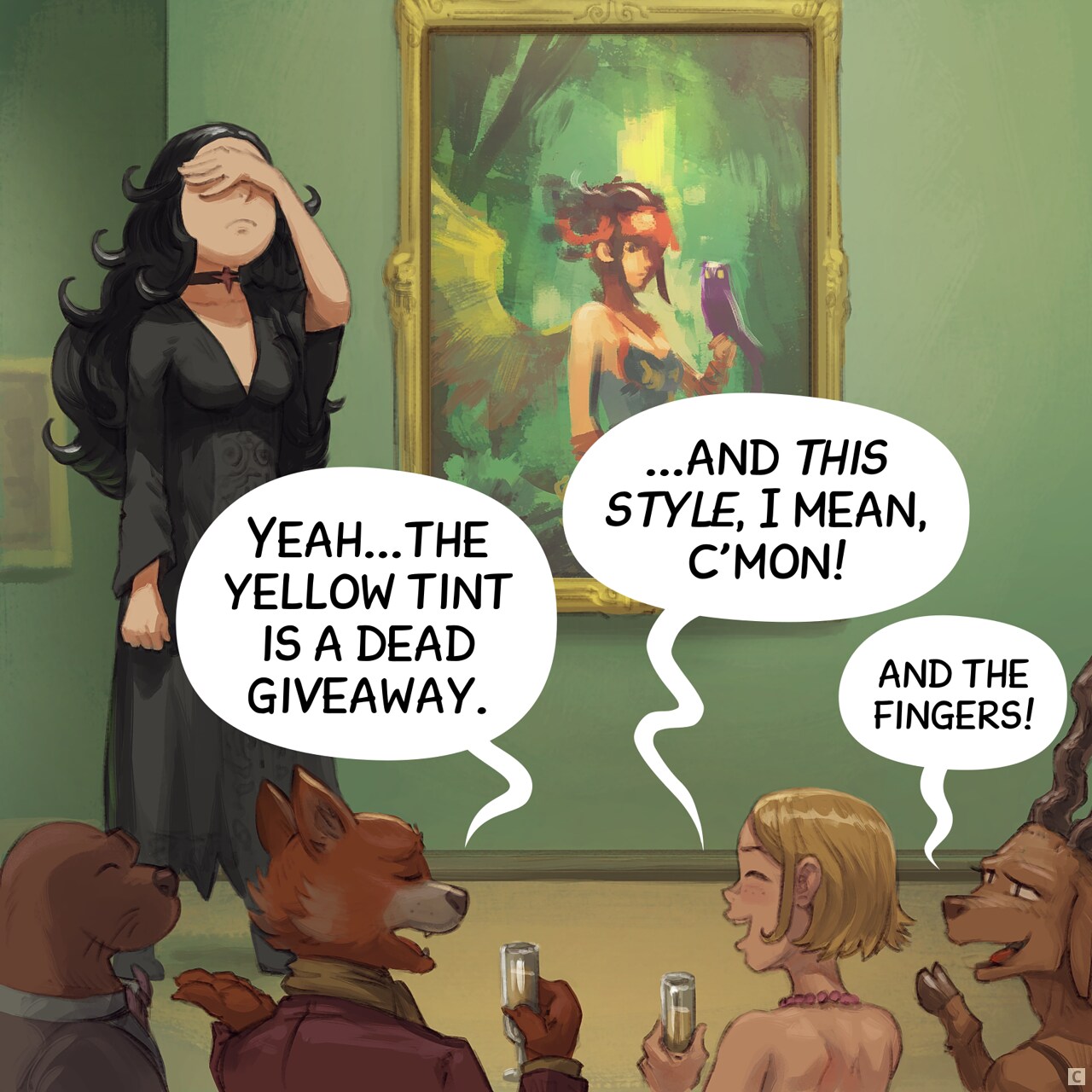 Panel 3. Cepper facepalms as she overhears the audience attempting to justify their observations.  
Audience: "Yeah...the yellow tint is a dead giveaway."  
Audience: "...and this style, I mean, c'mon!"  
Audience (smaller): "And the fingers!"