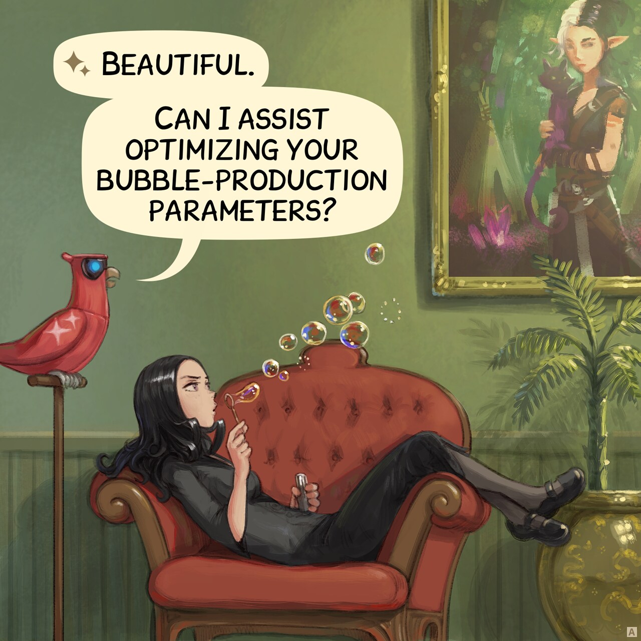 Panel 1. Cepper, the Gothic Sorceress, sits on an ornate armchair (probably in the luxuous University of Magic). Her legs dangling over the armrest. A painting on the wall, an interior plants. She blows a stream of soap bubbles, her expression focused but distant. Her Avian Intelligence Parrot perches nearby; curious.  
AI Parrot: Beautiful. Can I assist optimizing your bubble-production parameters?