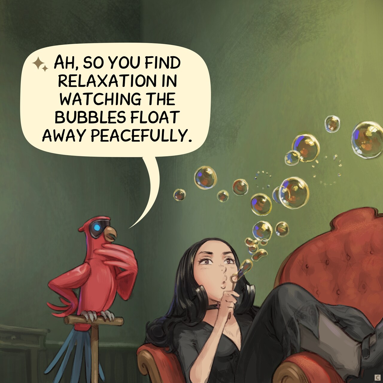 Panel 3. Cepper blows a new stream of bubble while the AI Parrot tries very hard to understand this human activity.  
AI Parrot: Ah, so you find relaxation in watching the bubbles float away peacefully.