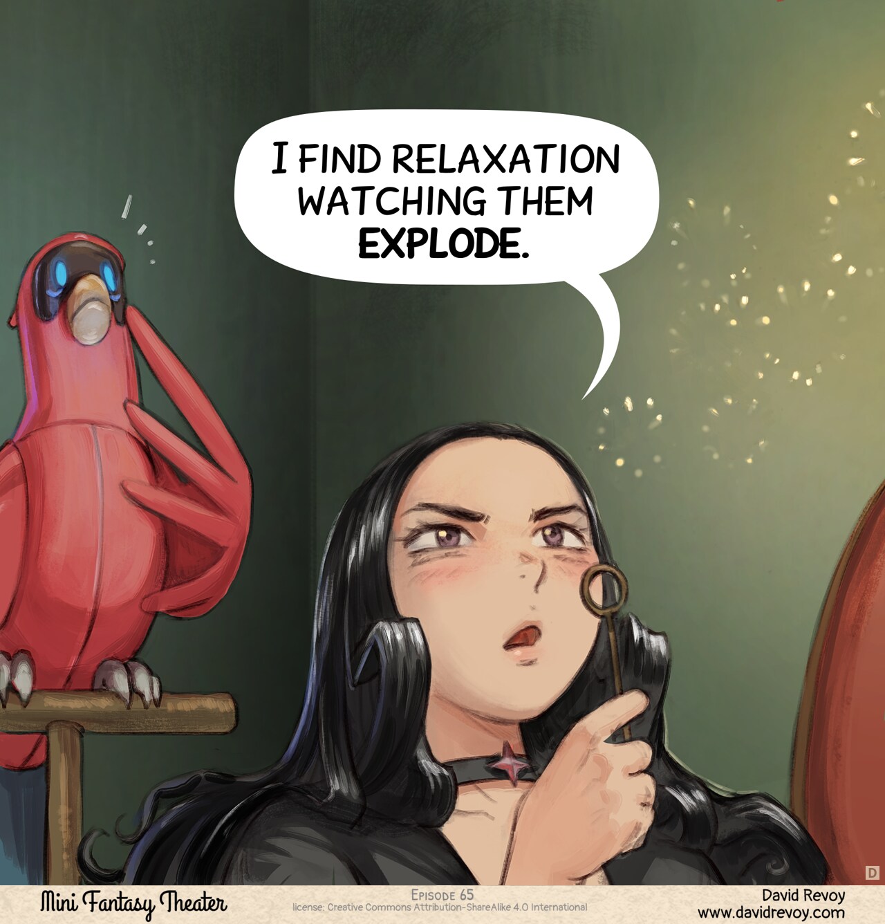 Panel 4. Extreme close-up on Cepper's eyes, darker and intense while the bubbles pop in front of her eyes. The AI Parrot "get it" and feels an intense fear.  
Cepper: I find relaxation watching them explode.