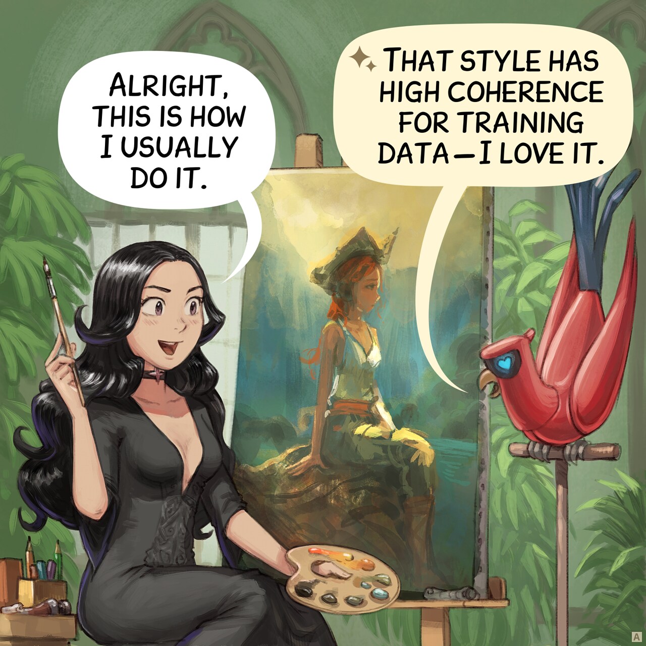 Panel 1. Cepper is happy of herself in front of her large canvas: a beautiful painting as she did on the previous episodes. The parrot looks at what she does on his perch.  
Cepper: “Alright, this is how I usually do it.”  
Parrot: "That style has high coherence for training data − I love it."