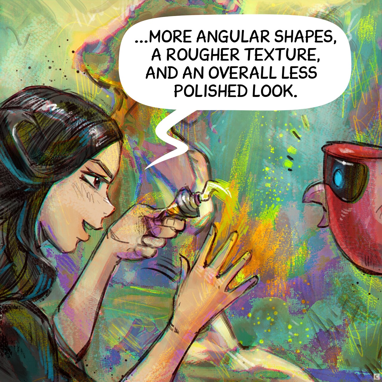 Panel 3. Cepper is adding thick painting directly from the tube, and now rub furiously her canvas, many colors and glitches. The Parrot start to be horrified.  
Cepper: "...more angular shapes, a rougher texture, and an overall less polished look."