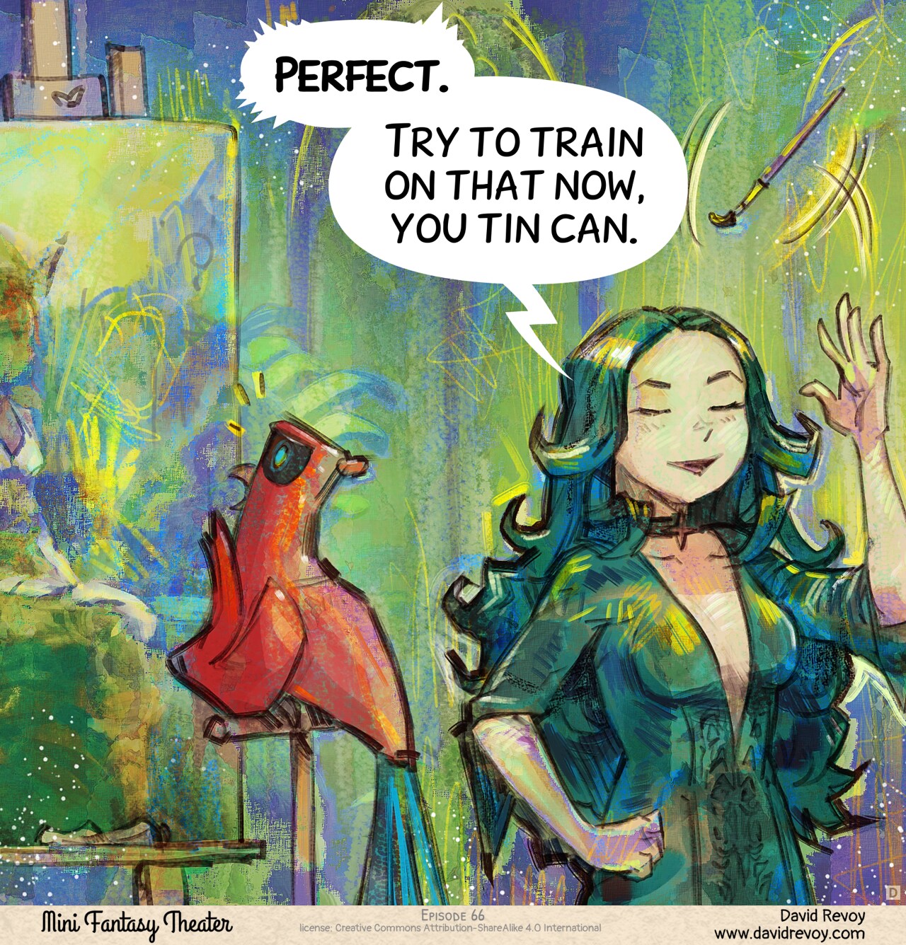 Panel 4. The style is totally degraded: shapes, colors, glitches. Cepper leaves the canvas with triumph, throwing her brush, while the Parrot is now really horrified in front of it.  
Cepper: "Perfect. Try to train on that now, you tin can."