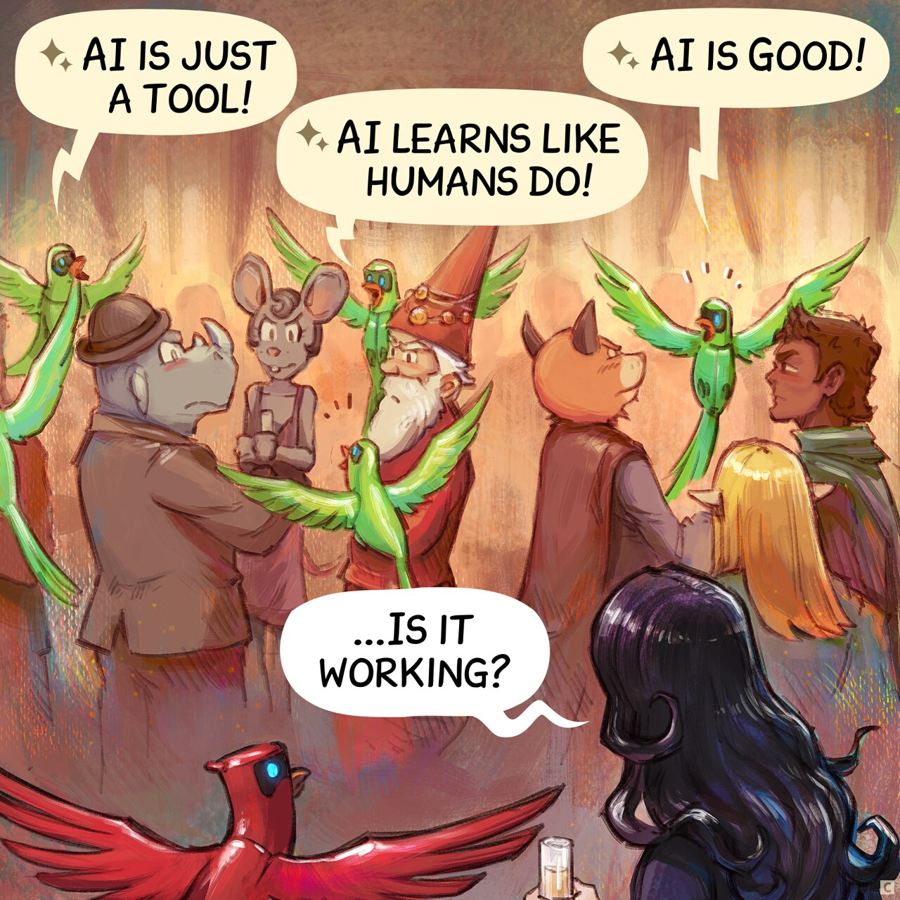 Panel 3. A similar shot to the previous panel, but now people are growing angry at the minion parrots who interrupted their discussions. Cepper and her AI parrot simply observe the scene.  
AI Parrot minion (1): "AI is just a tool!"  
AI Parrot minion (2): "AI learns like humans do!"  
AI Parrot minion (3): "AI is good!"  
Cepper: "...Is it working?"