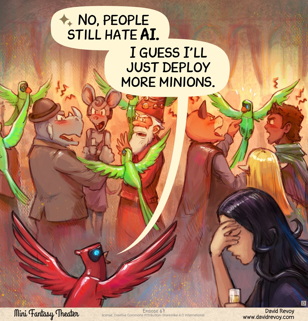 Panel 4. In a similar shot, the crowd is now furious, screaming at the minions. The Parrot remains optimistic while Cepper is facepalming.  
Parrot: "No, people still hate AI. I guess I'll just deploy more minions."