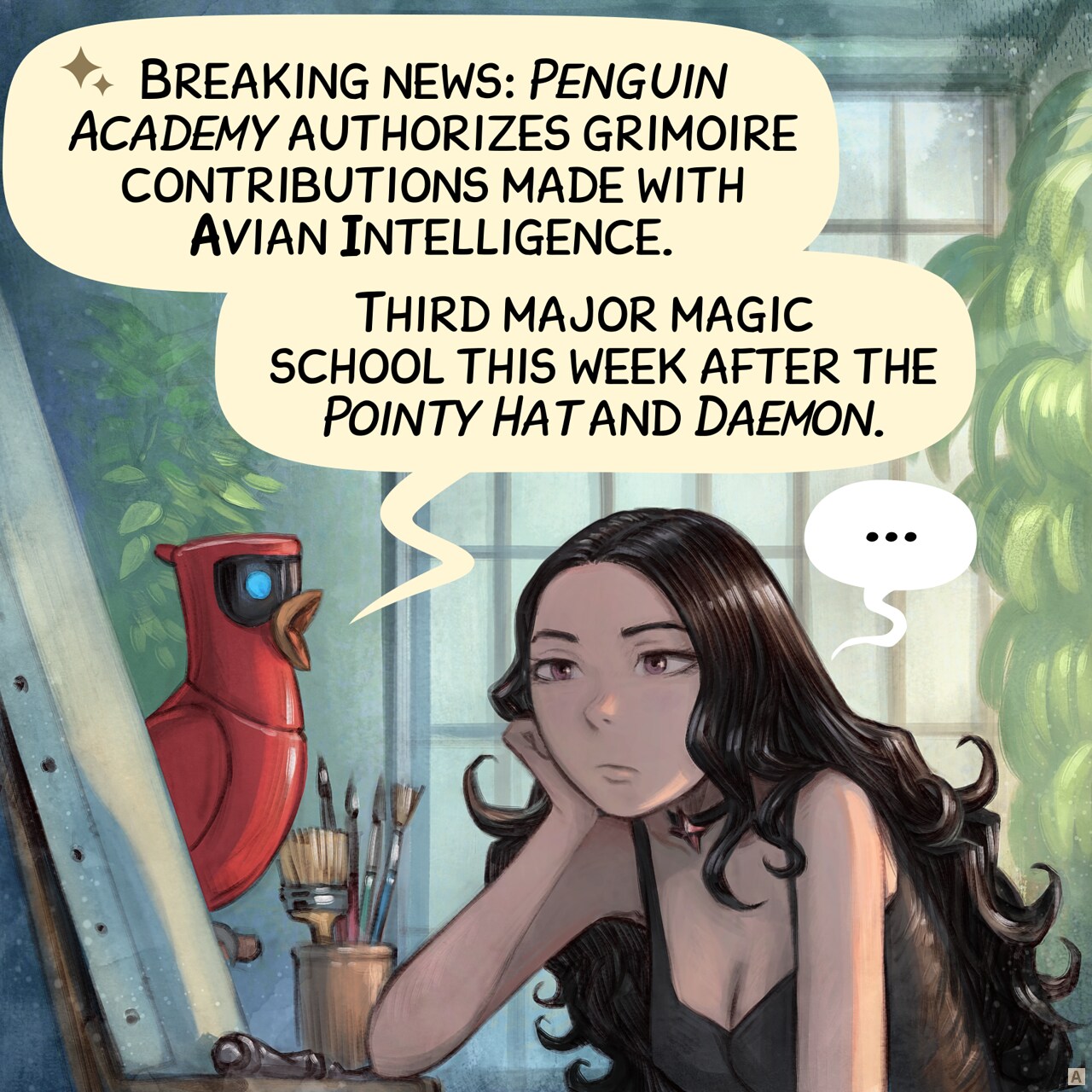 Panel 1. Cepper, the gothic sorceress, stands on her high chair, in her painting workshop, with an empty canvas in front of her on the easel. Her expression is blank, staring in the void. On his perch nearby, her Avian Intelligence (AI) Parrot speaks out loud a notification.  
Parrot: "Breaking news: *Penguin Academy* authorizes grimoire contributions made with Avian Intelligence."  
Parrot: "Third major magic school this week after the *Pointy Hat* and *Daemon*."  
Cepper: "..."