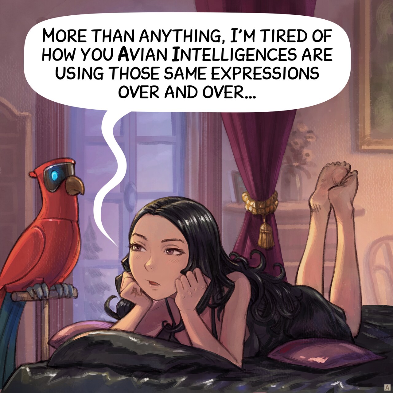 Panel 1. Cepper, a gothic sorceress, is experiencing "AI fatigue", but with class. She is on her bed, still in her nightgown, at evening. Nearby the bed, her Avian Intelligence (AI) parrot on a perch.  
Cepper: "More than anything, I'm tired of how you Avian Intelligences are using those same expressions over and over…"