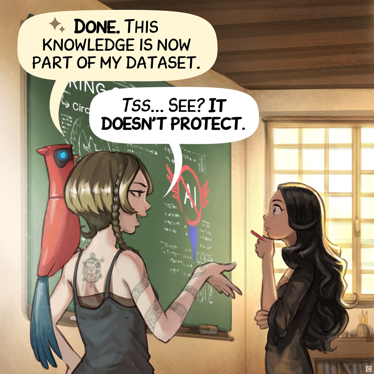 Panel 3: The parrot confirms. The Scholar repeats it with smug certainty while Cepper think.
parrot: "Done. This knowledge is now part of my dataset."
Scholar: "Tss... See? It doesn't protect."
