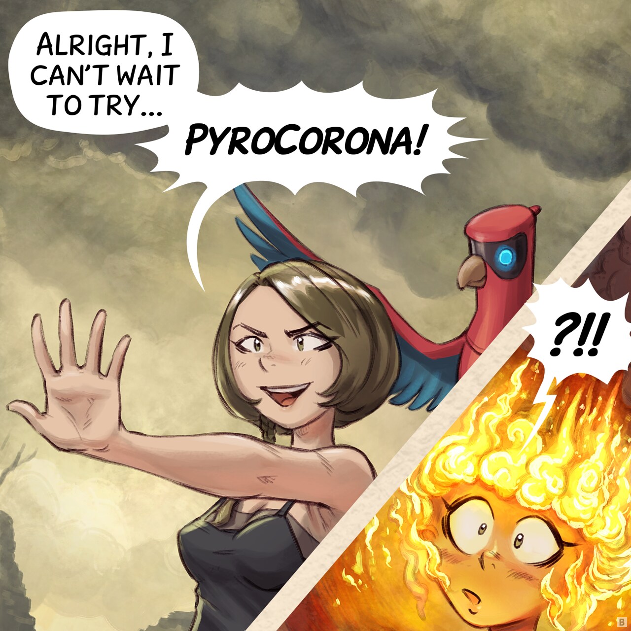 Panel 2. The Scholar cracks a wicked smile, excited as she raises her hands, fingers spread and ready to cast.  
Scholar: "Alright, I can't wait to try... PyroCorona!"  
* insert: A crown of flame appears on the top of her head. She has the big eyes of surprise.  
Scholar: "?!!"
