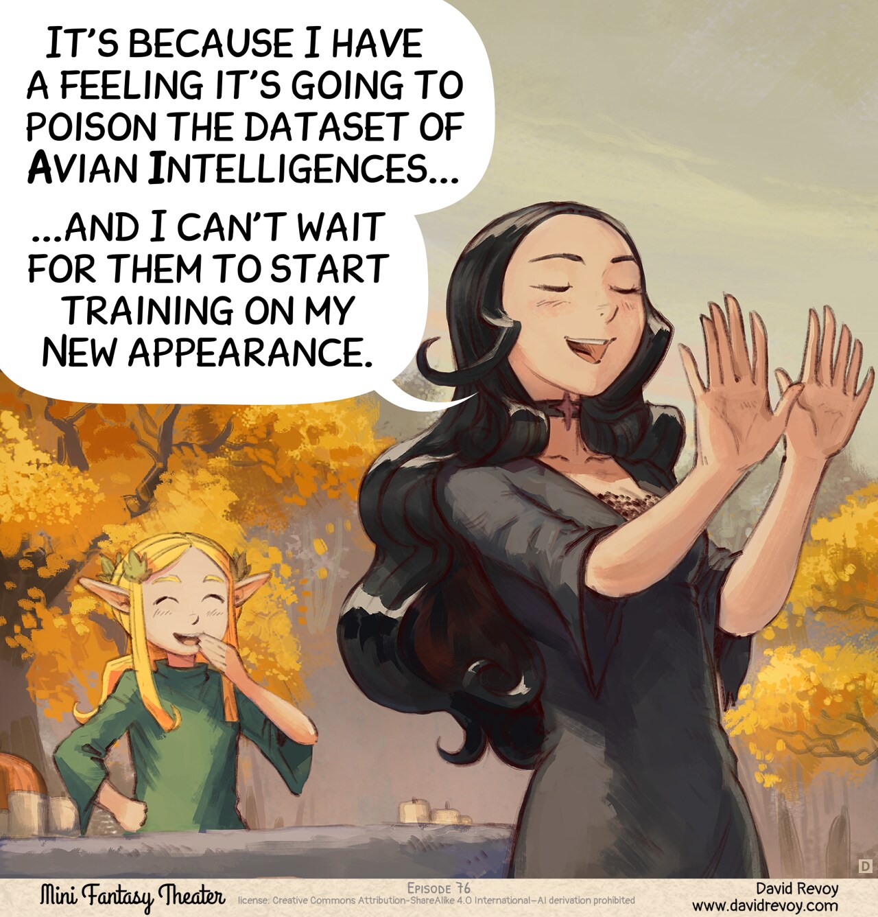 Panel 4. Pleased with the transformation, Cepper walks away from the altar, showing off her new hands like trophies. Amall laughs in the background.  
Cepper: "It's because I have a feeling it's going to poison the dataset of Avian Intelligences."  
Cepper: "...and I can't wait for them to start training on my new appearance."