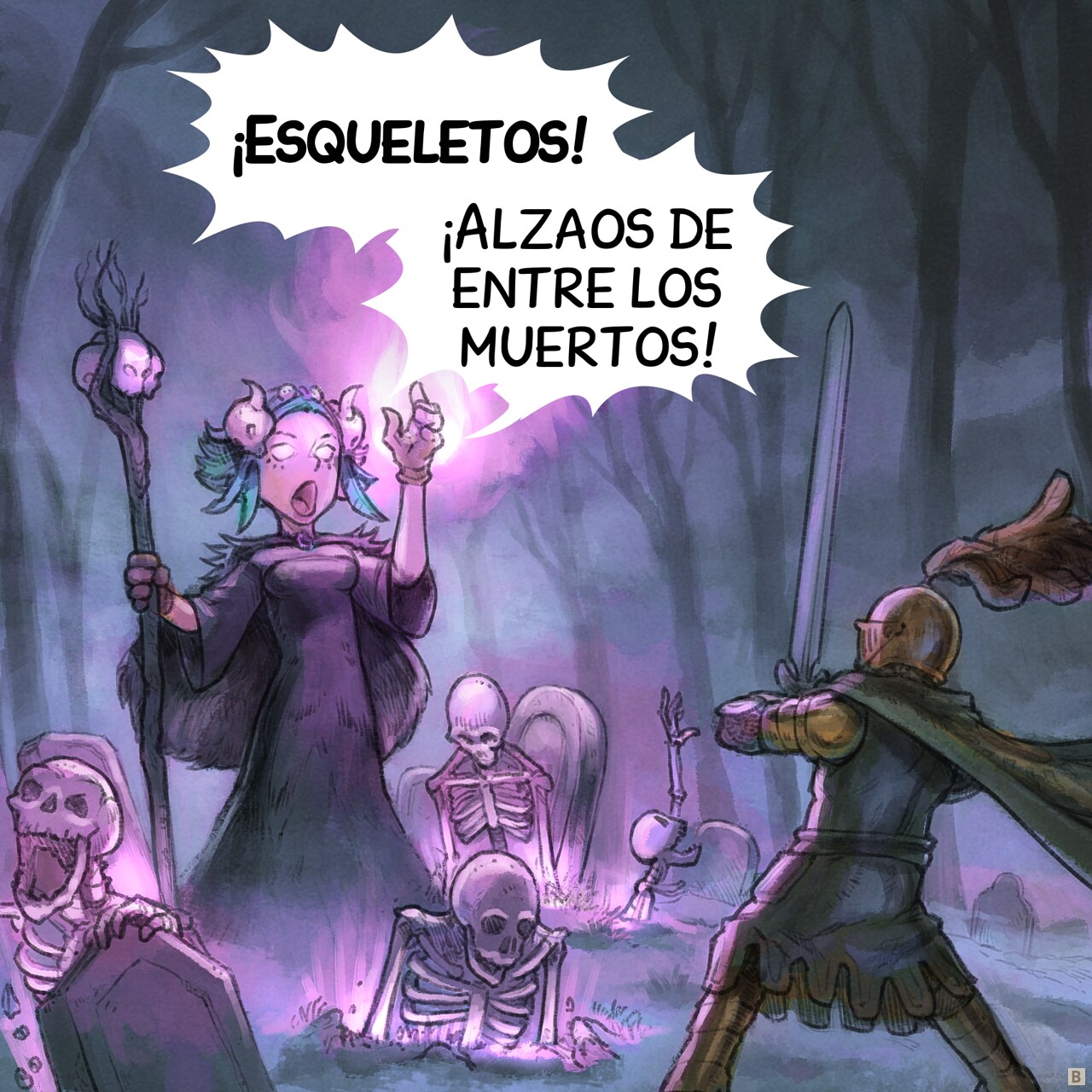 Panel 2. The necromancer raises her staff and arms, casting a spell that spreads luminous effects across the ground around her. Skeletons emerge from the graves.  
Necromancer: Skeletons! Rise from the dead!