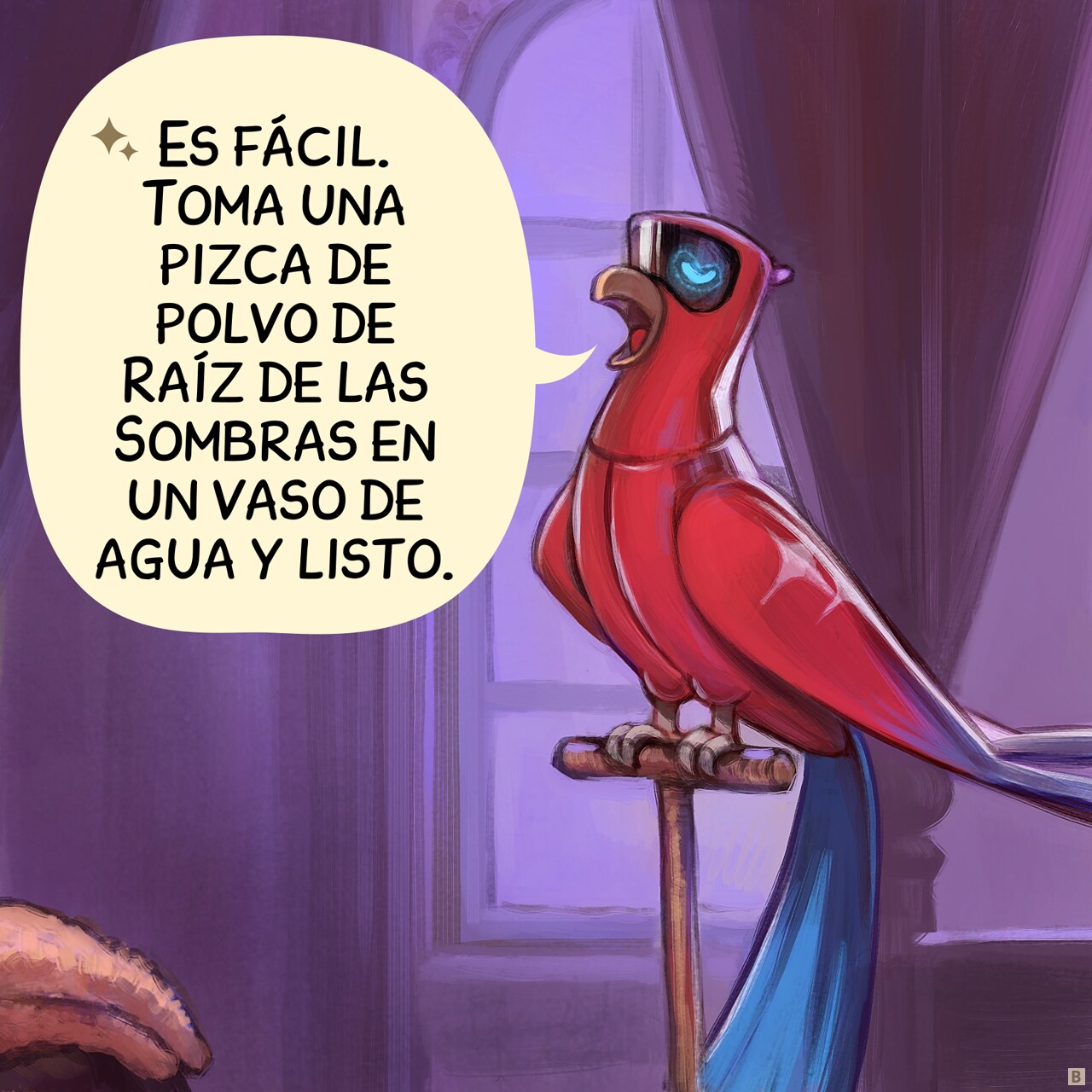 Panel 2. The AI Parrot responds with proudness in his pose.
AI Parrot: "It's easy. Take a pinch of Shadow-Root powder in a glass of water and done."