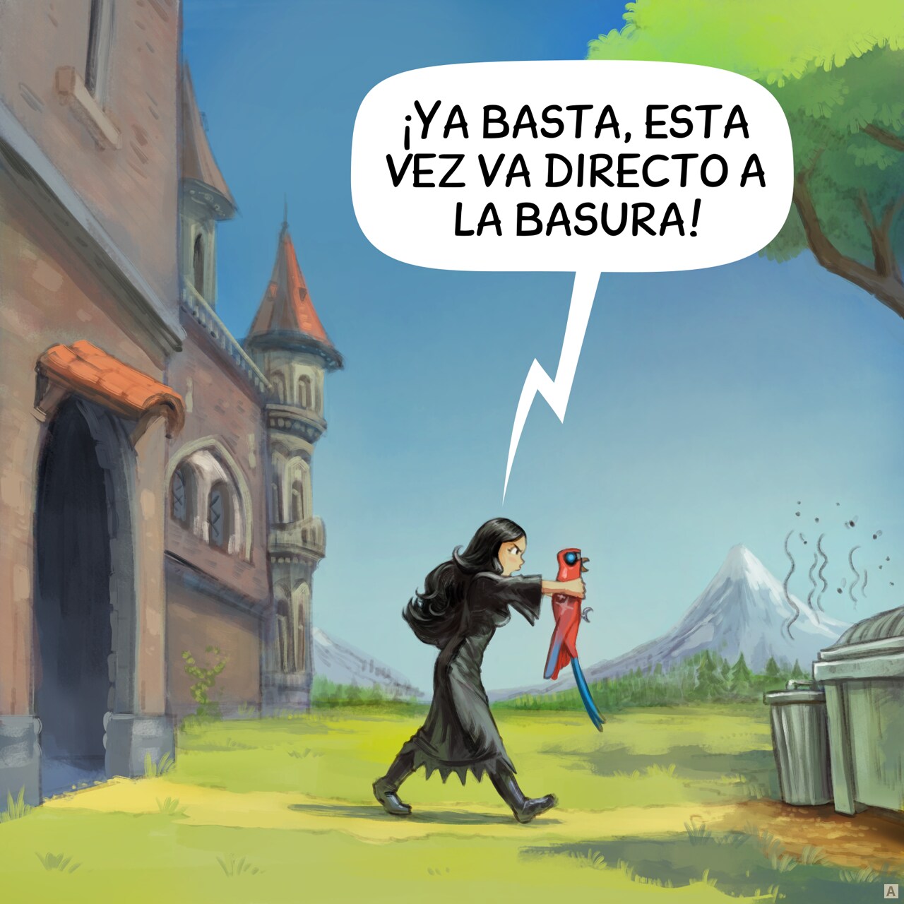 Panel 1. On a sunny day with a blue sky, the gothic sorceress walks away from the school with the Avian Intelligence Parrot in her hands toward the garbage.  
Gothic Sorceress: "Enough is enough, this time it's straight to the garbage!"