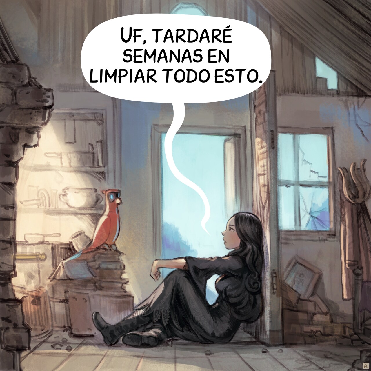 Panel 1. The Gothic Sorceress stands in the middle of the ruins of her house, in the middle of the mess the floor; a consequence of the night with the Tree Spirits. She's looking overwhelmed. She talks a bit in the void, eyes lost in the distance. Her Avian Intelligence (AI) Parrot listen, perched on a wall in ruins.  
Gothic Sorceress: "Ugh, it'll take weeks to clean this up."