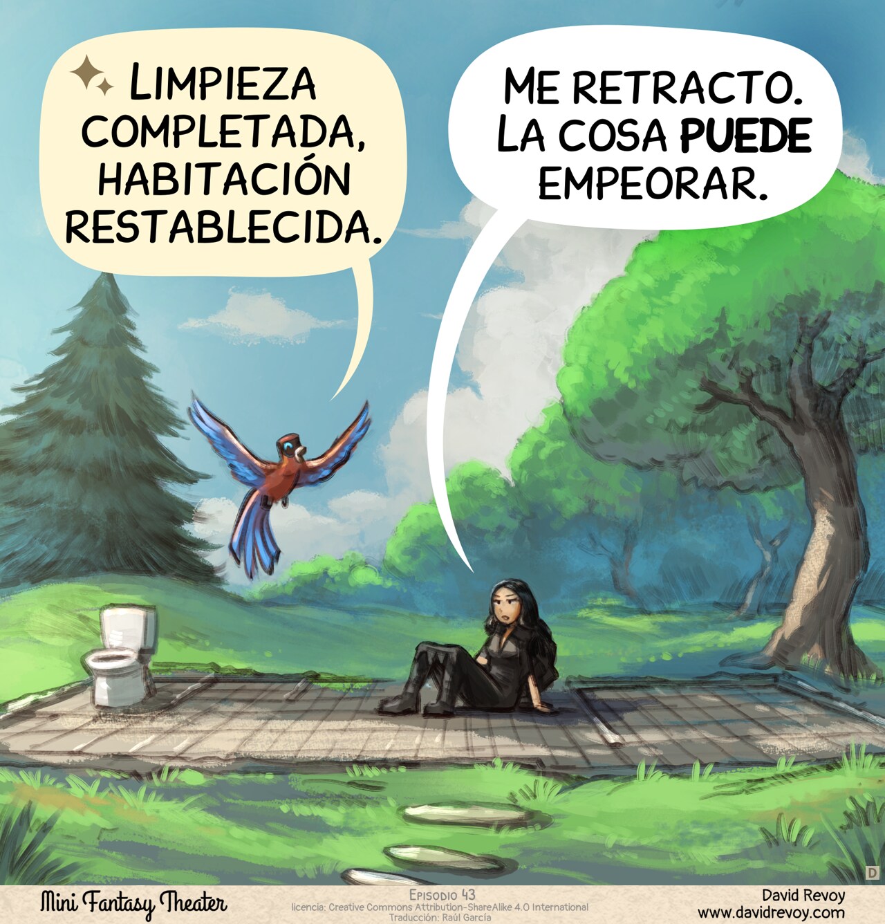 Panel 4. The aftermath of the spell: only the floor of the house survived. Just the tiles on the floor, lost in the middle of the natures with trees and grass. The room are empty, except a toilet seat in a corner. The AI Parrot is proud of his work while the Gothic Sorceress stares at the scene, seating still dizzy after the tornado. She feels powerless in front of the result.  
AI Parrot: "Cleaning successful, room reset."
Gothic Sorceress: "I take it back. It can get worse."