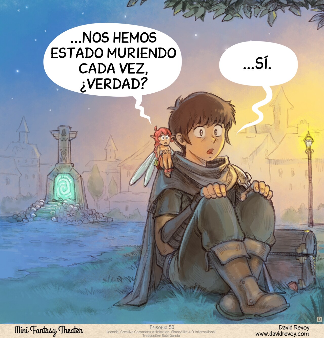 Panel 4. The adventurer and fairy sit frozen in shock and horror, clutching their knees, the Fast Travel Totem visible in the background.  
Pink Fairy: "...We've been dying each time, haven't we?"  
Adventurer: "...Yeah."