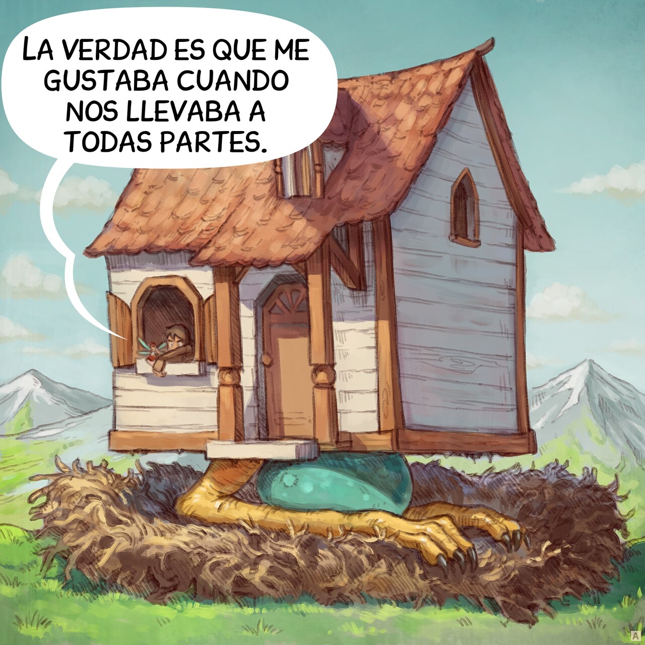 Panel 1. The Pink-Fairy and Adventurer are bored, looking through the window of their new house. This one, with giant chicken legs, is incubating a big egg, on a nest made of branches.  
Adventurer: "I actually liked it when she took us everywhere."