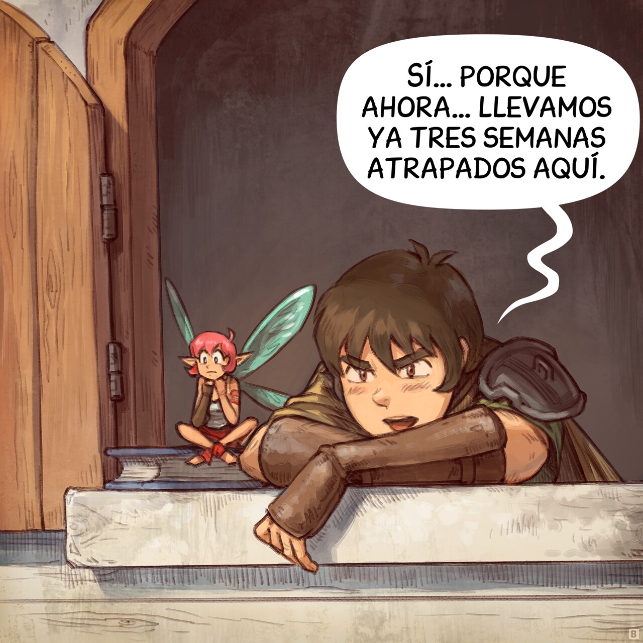 Panel 2. Close up on them bored at the window.  
Pink-Fairy: "Yeah… because now… we’ve been stuck here for three weeks already."
