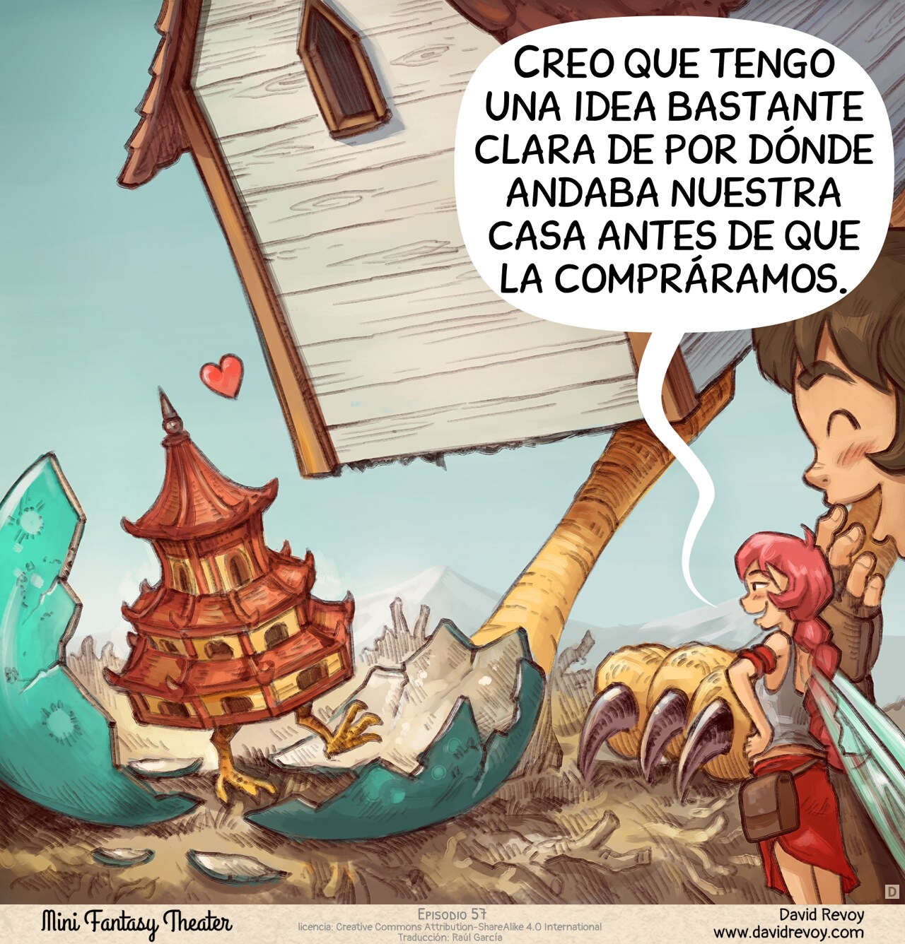 Panel 4. Wide shot: the house is bending at the baby with affection, a mini Japanese pagoda with chicken legs that freshly got out of its shell. The Adventurer and Pink Fairy are laughing.  
Pink-Fairy: "I think I have a pretty good idea where our house wandered before we bought it."