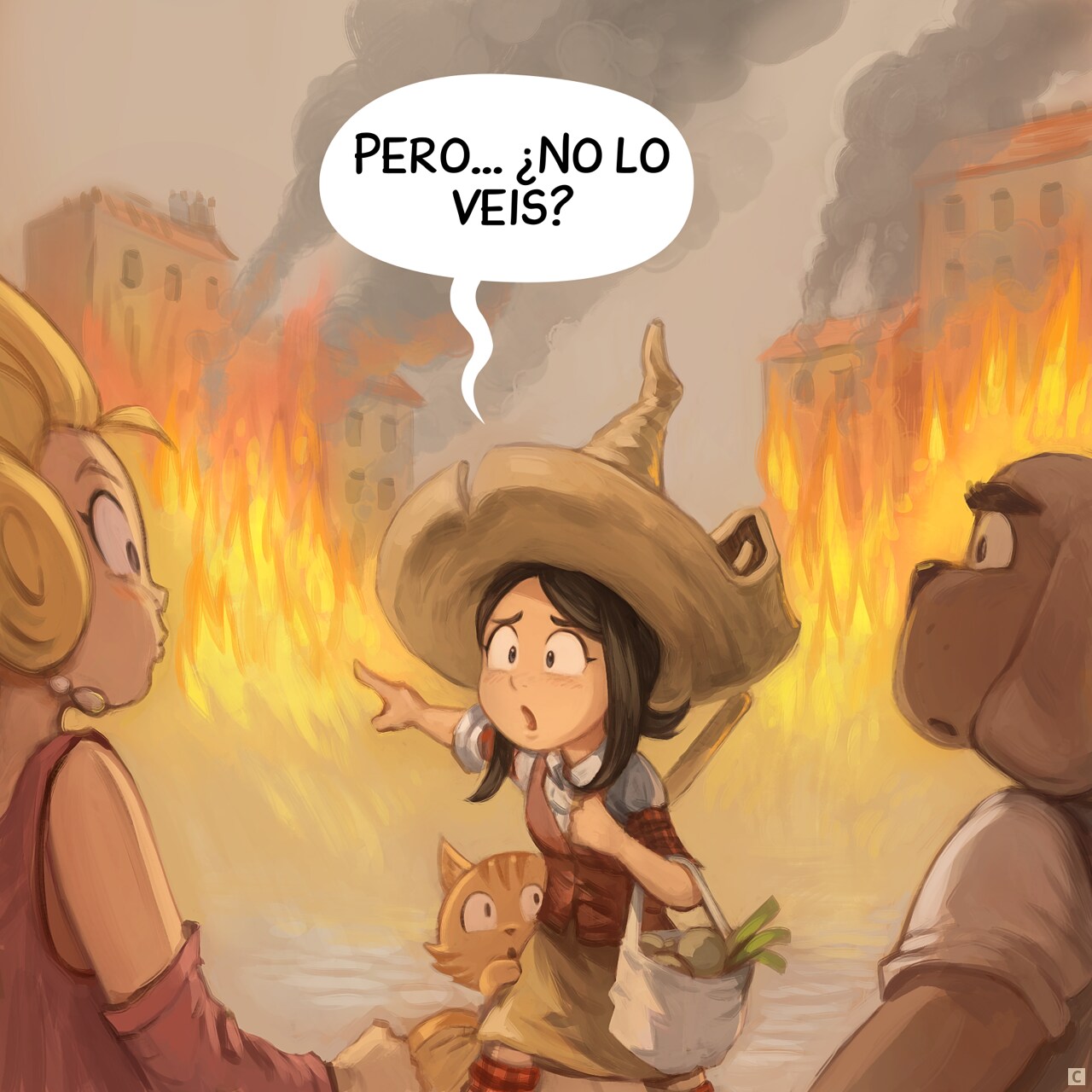 Panel 3. Pepper points at the fire in the background, to the suprise of the lady and man.  
Pepper: "But... Don't you see it?"